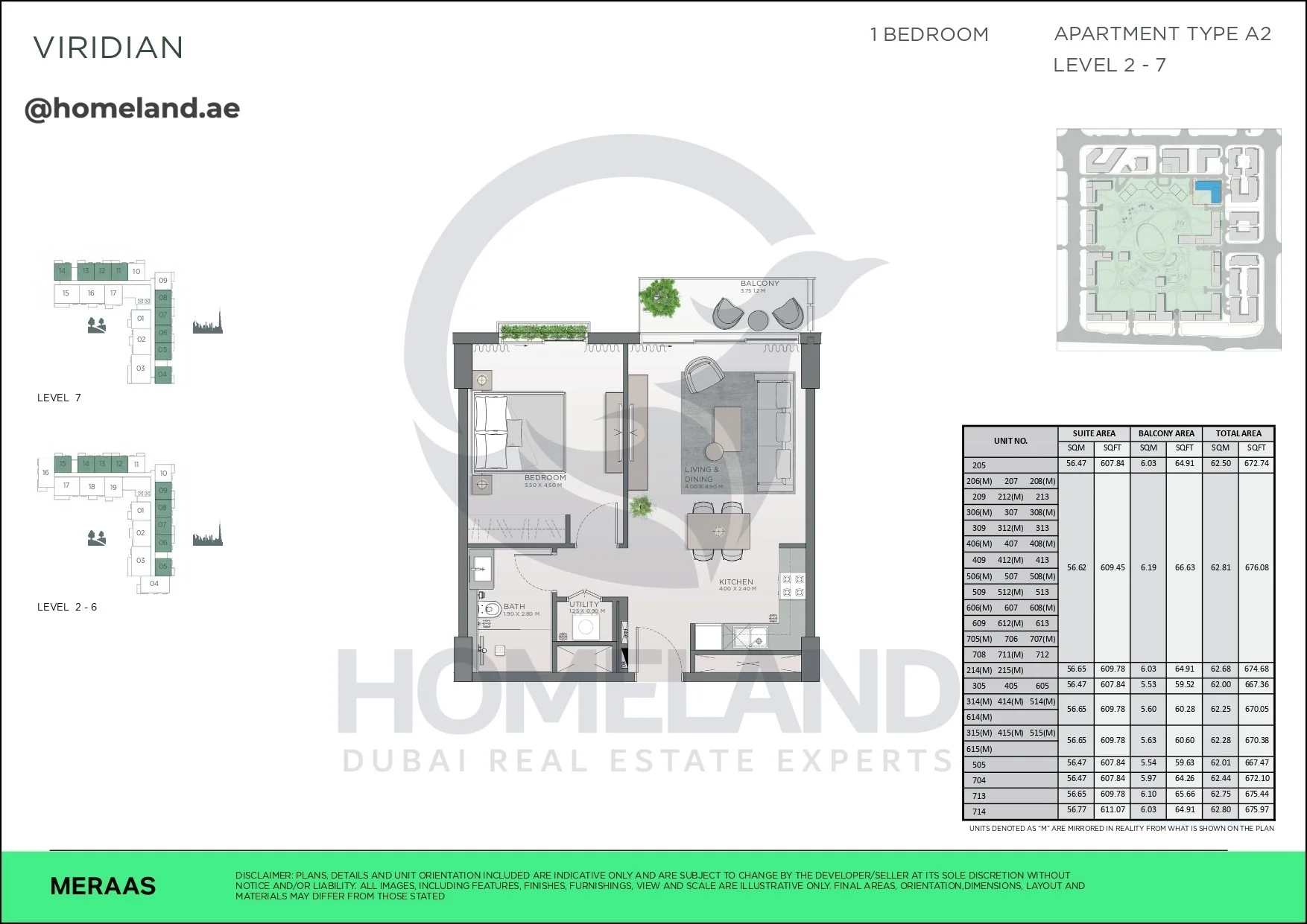 Viridian, 1BR, Type A2, Level 2 to 7, Unit 205 to 714, 676 SQFT