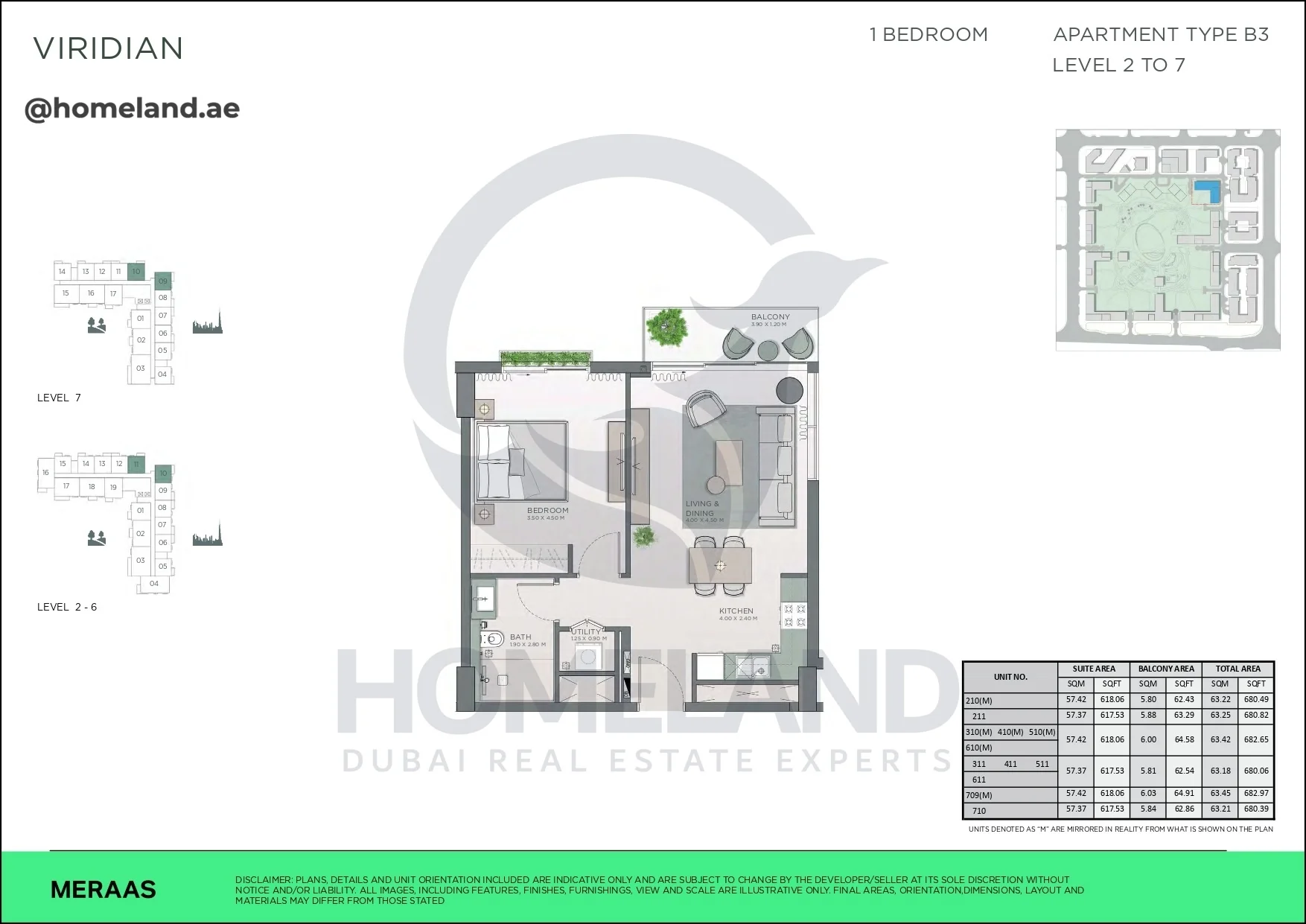 Viridian, 1BR, Type B3, Level 2 to 7, Unit 210M-211-310M-410M-510M-610M-311-411-511-611-709M-710, 682 SQFT