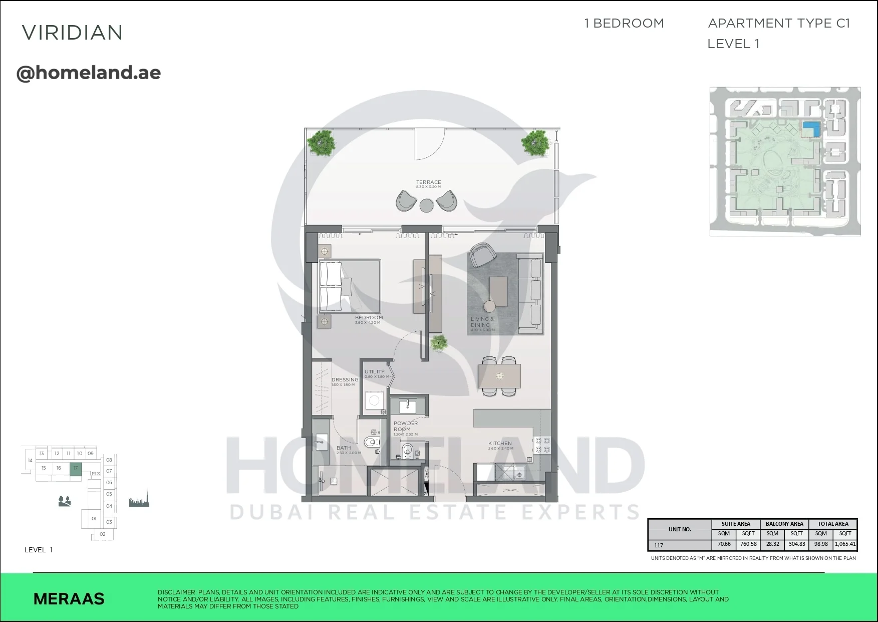 Viridian, 1BR, Type C1, Level 1, Unit 117, 1065 SQFT