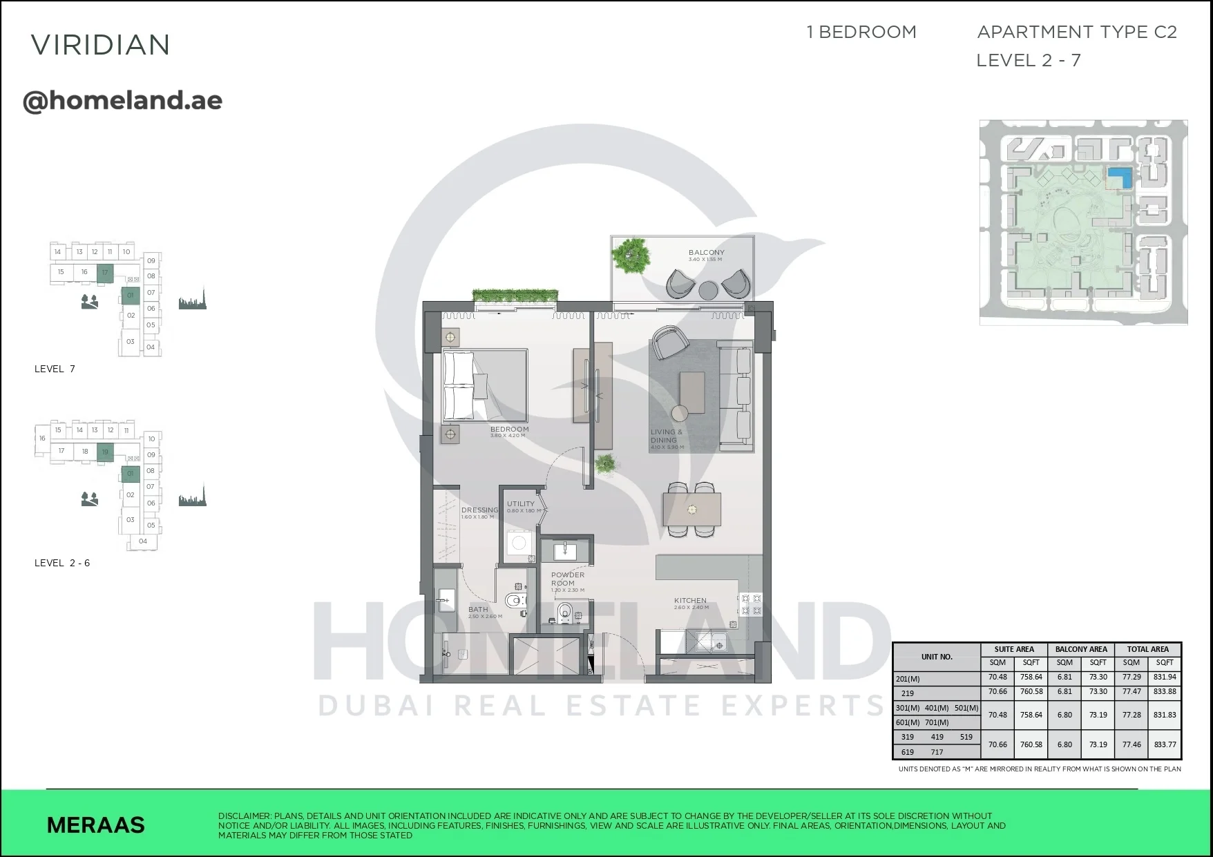 Viridian, 1BR, Type C2, Level 2 to 7, Unit 201(M)-219-301(M)-401(M)-501(M)-601(M)-701(M)-319-419-519-619-717, 833 SQFT