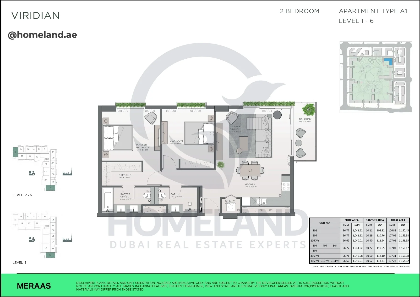 Viridian, 2BR, Type A1, Level 1 to 6, Unit 102-204-216(M)-304-404-504-604-316(M)-416(M)-516(M)-616(M), 1155 SQFT