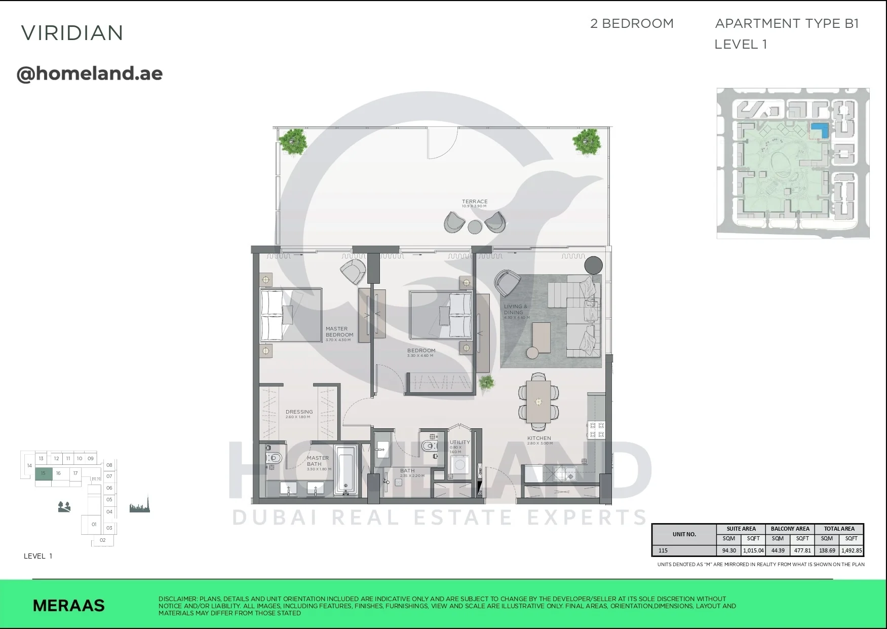 Viridian, 2BR, Type B1, Level 1, Unit 115, 1492 SQFT