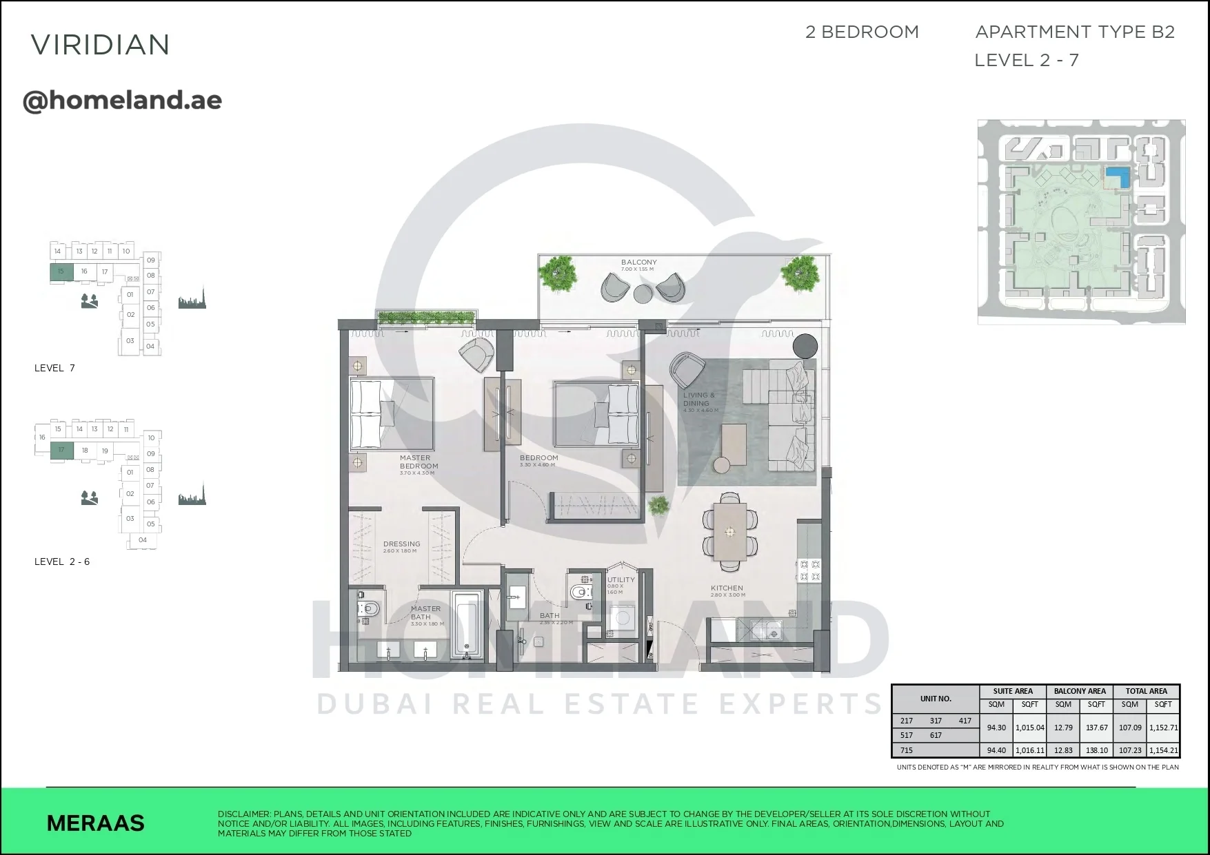 Viridian, 2BR, Type B2, Level 2 to 7, Unit 217-317-417-517-617-715, 1154 SQFT