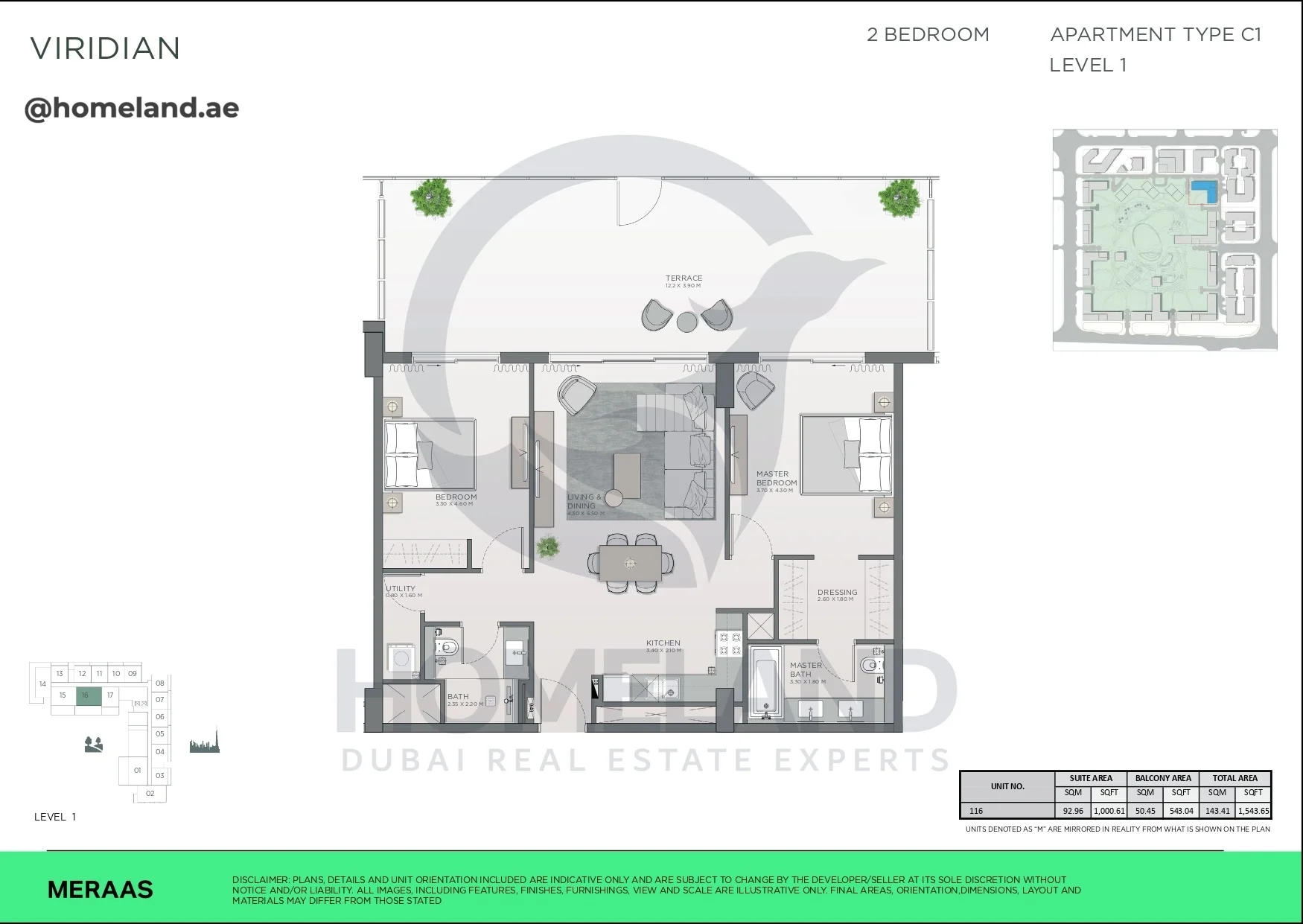 Viridian, 2BR, Type C1, Level 1, Unit 116, 1543 SQFT