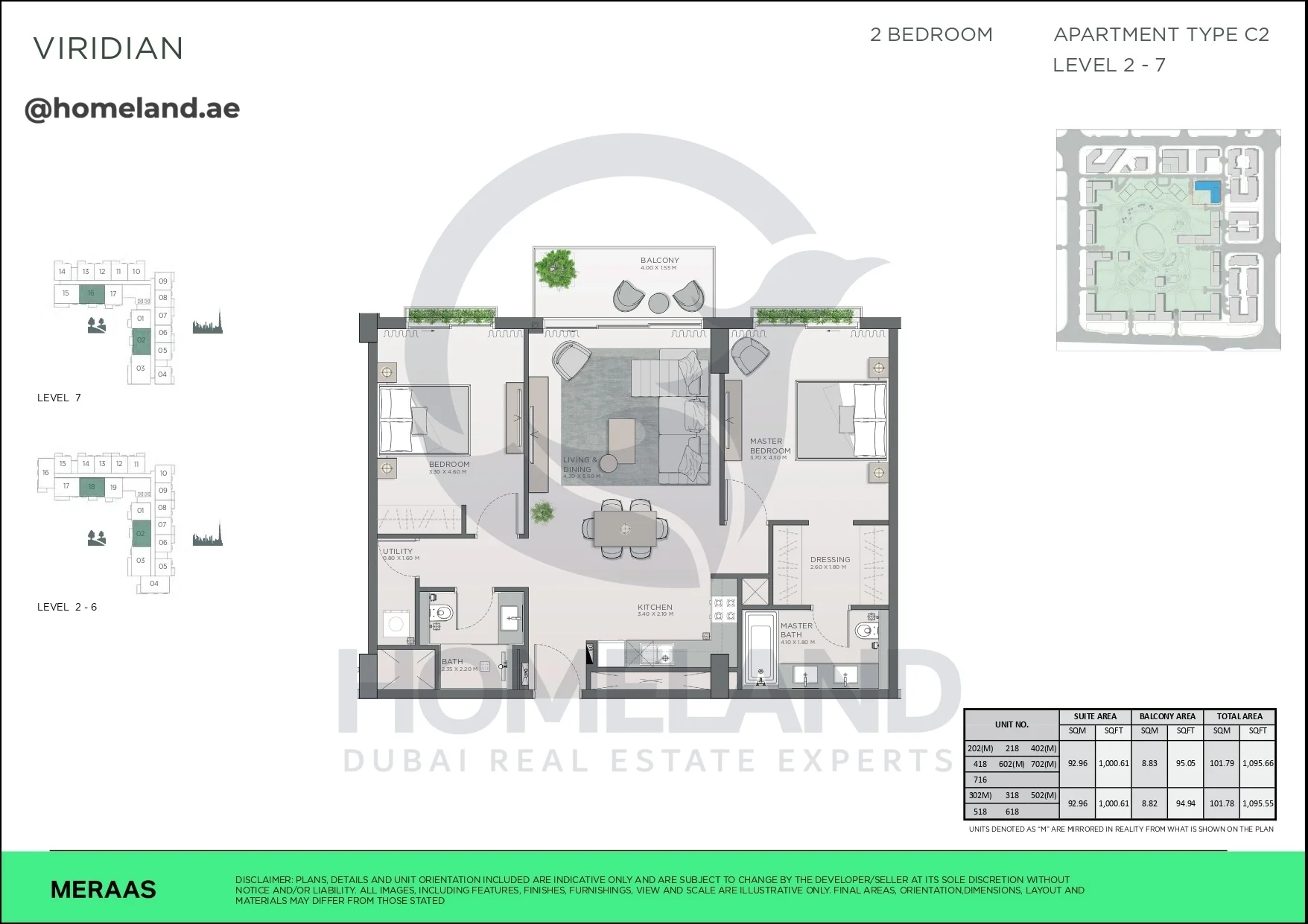 Viridian, 2BR, Type C2, Level 2 to 7, Unit 202(M)-218-402(M)-418-602(M)-702(M)-716-302(M)-318-502(M)-518-618, 1095 SQFT