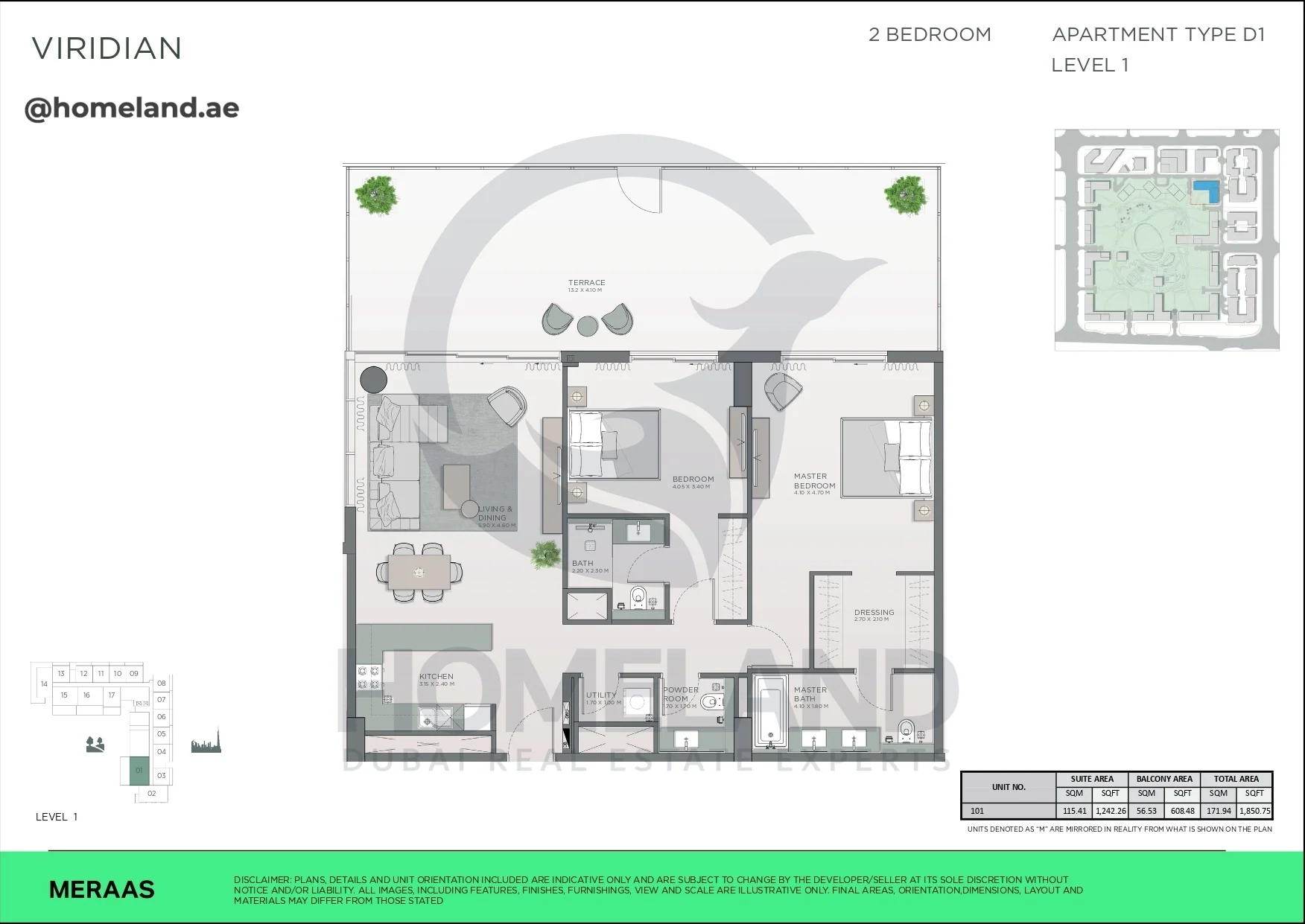 Viridian, 2BR, Type D1, Level 1, Unit 101, 1850 SQFT