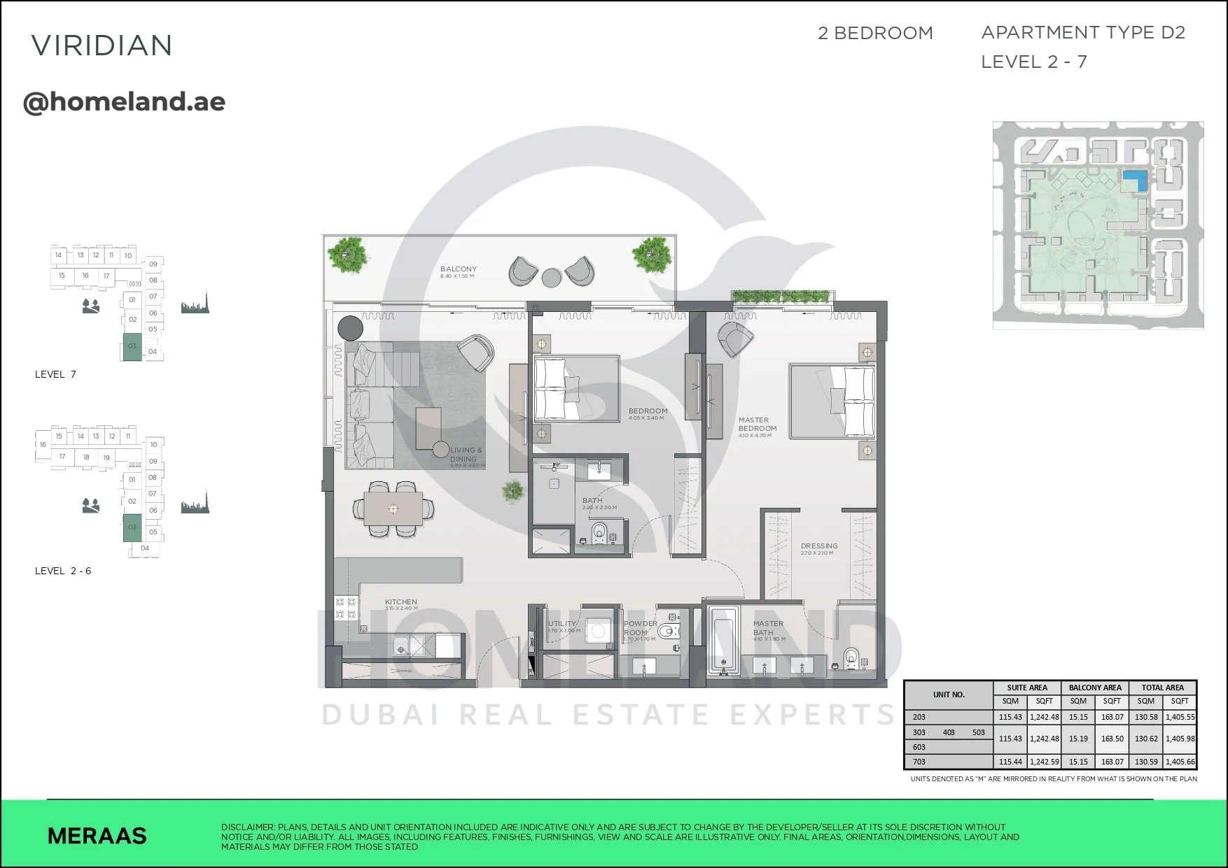 Viridian, 2BR, Type D2, Level 2 to 7, Unit 203-303-403-503-603-703, 1405 SQFT