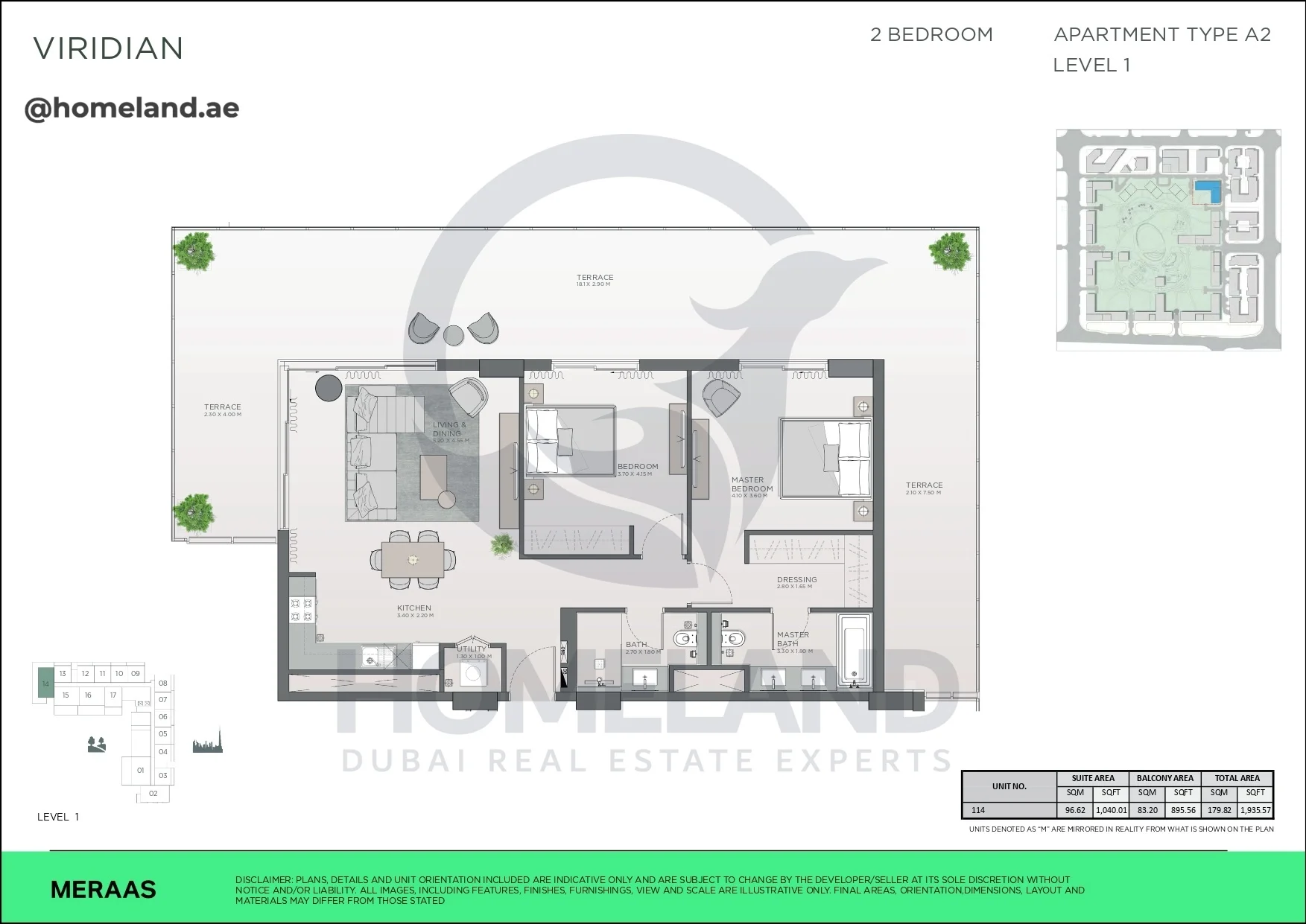 Viridian, 2BR, Type A2, Level 1, Unit 114, 1935 SQFT
