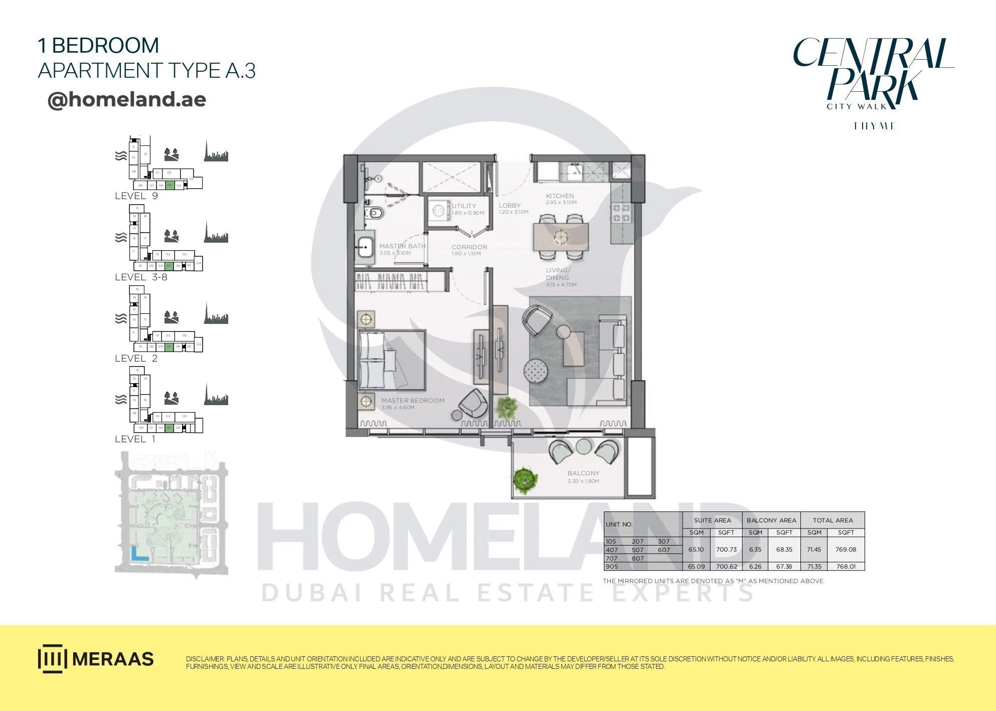 Thyme, 1BR, Type A.3, Level 1 to 9, Unit 105-207-307-407-507-607-707-807-905, 769 SQFT