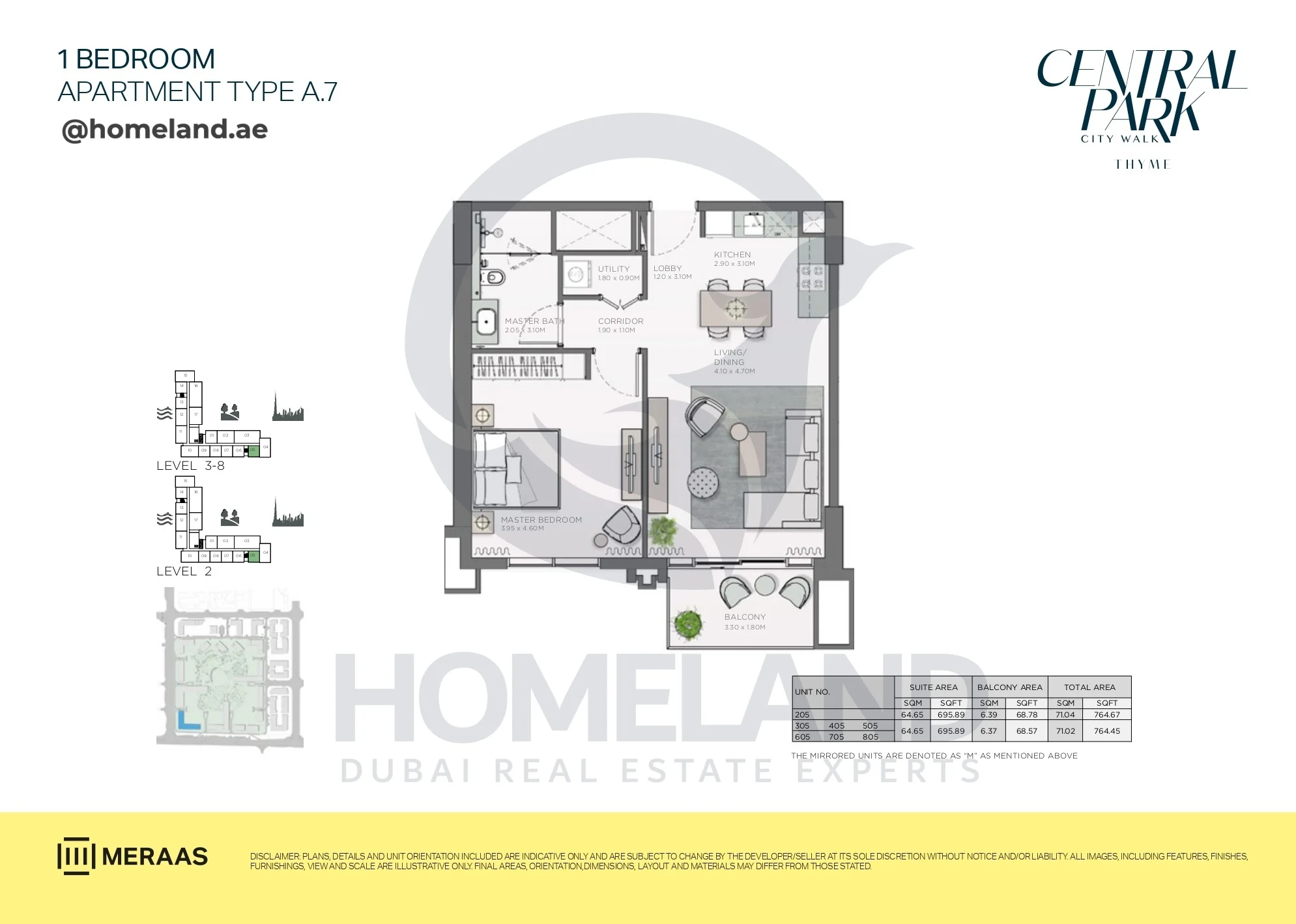 Thyme, 1BR, Type A.7, Level 2 to 8, Unit 205-305-405-505-605-705-805, 764 SQFT