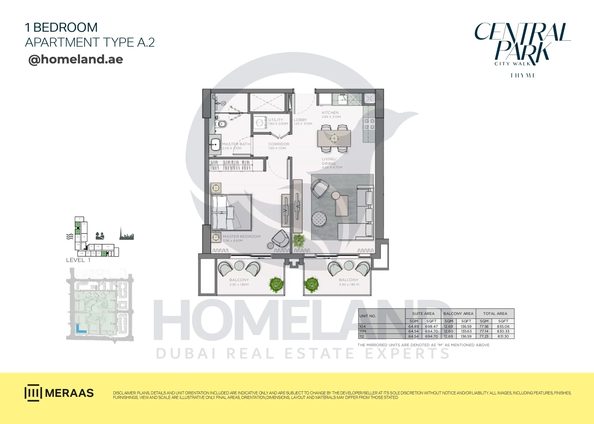 Thyme, 1BR, Type A.2, Level 1, Unit 104-111M-112, 835 SQFT