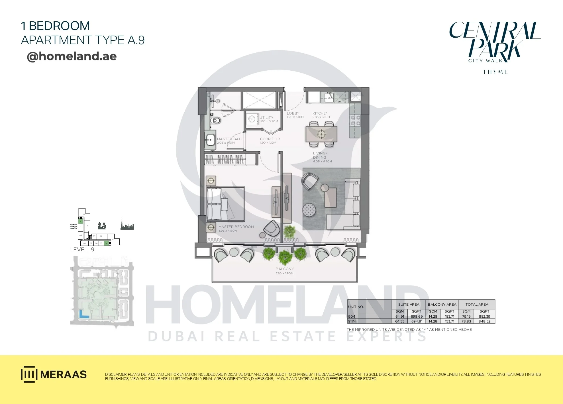 Thyme, 1BR, Type A.9, Level 9, Unit 904-911M, 852 SQFT