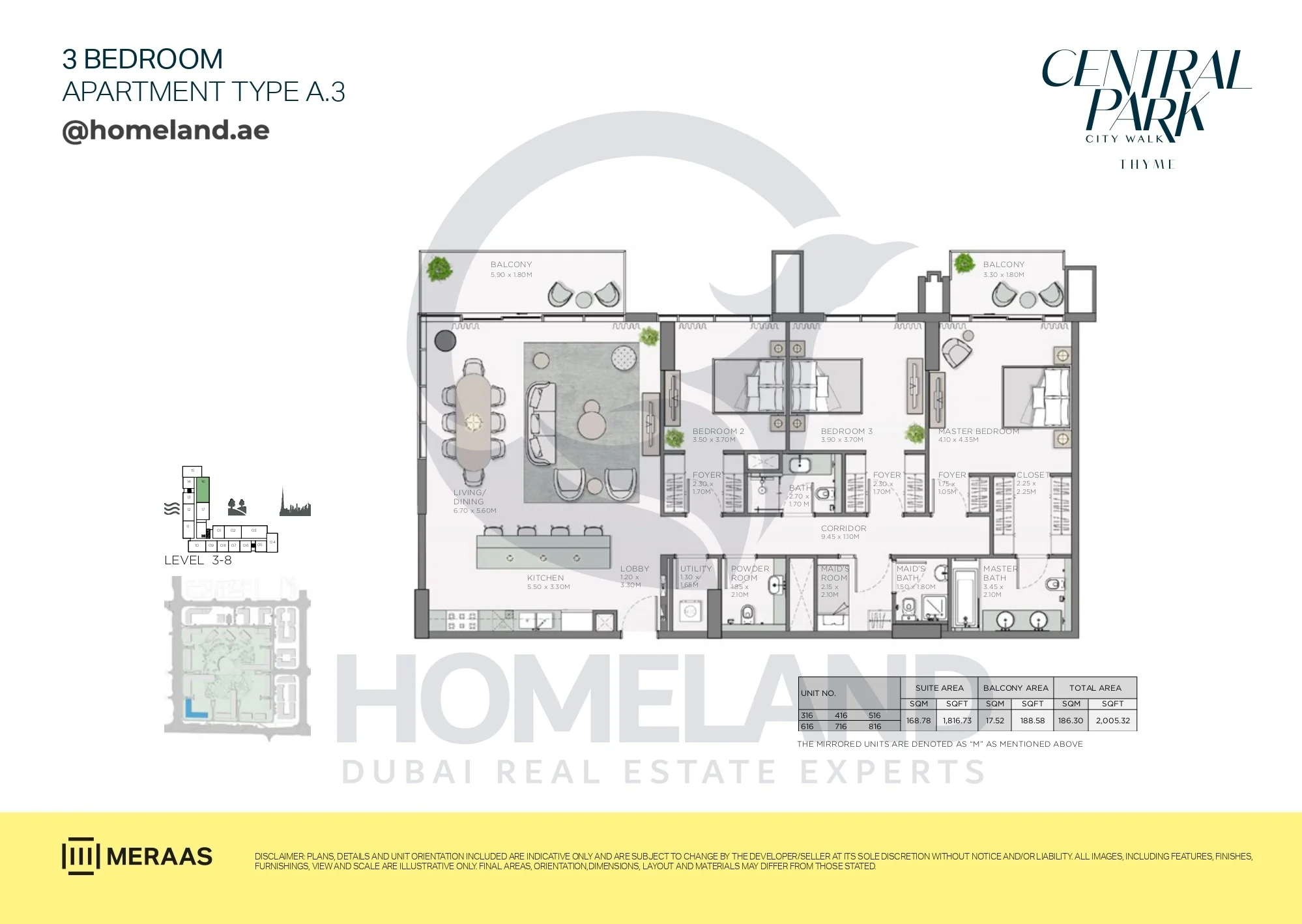 Thyme, 3BR, Type A.3, Level 3 to 8, Unit 316-416-516-616-716-816, 2005 SQFT