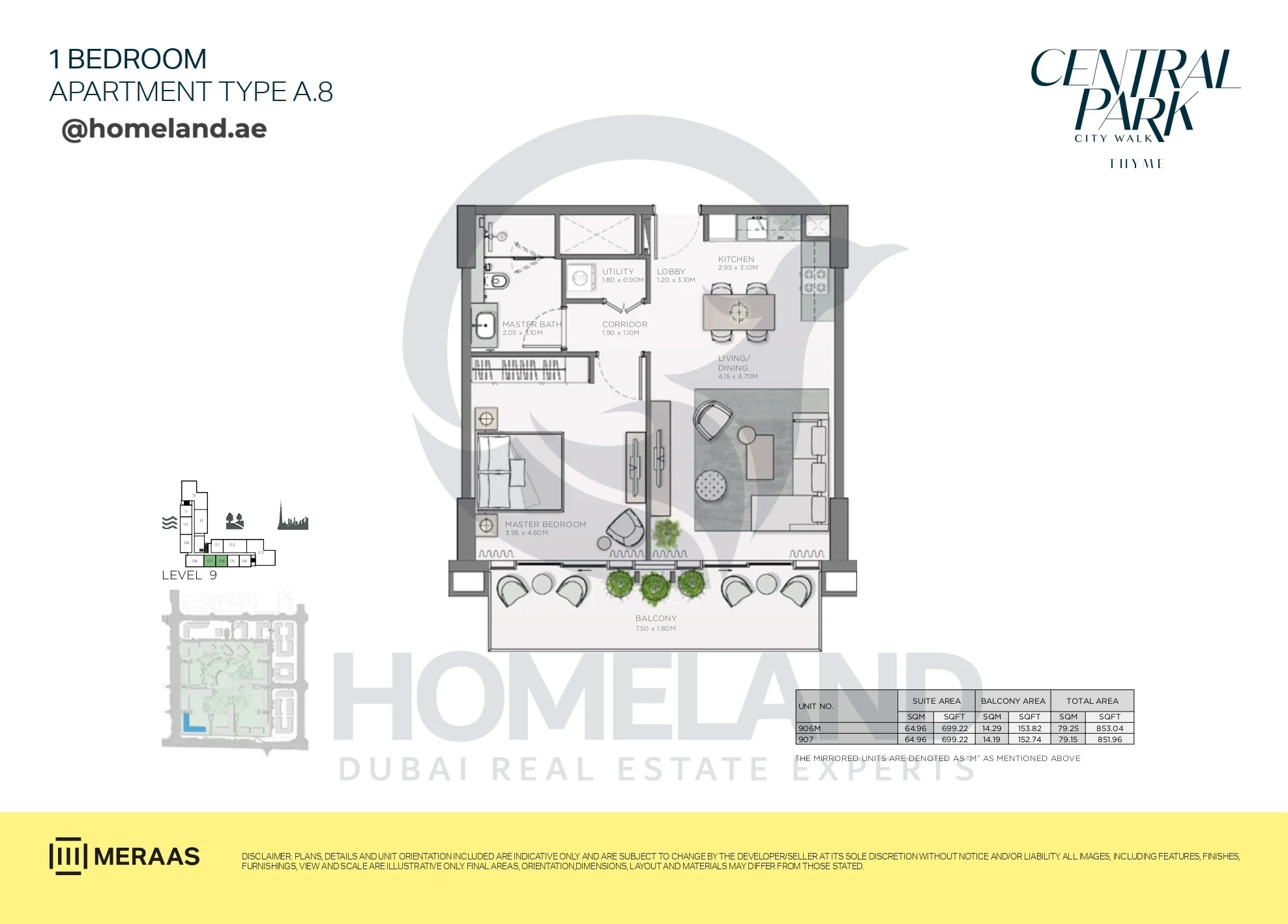 Thyme, 1BR, Type A.8, Level 9, Unit 906M-907, 853 SQFT