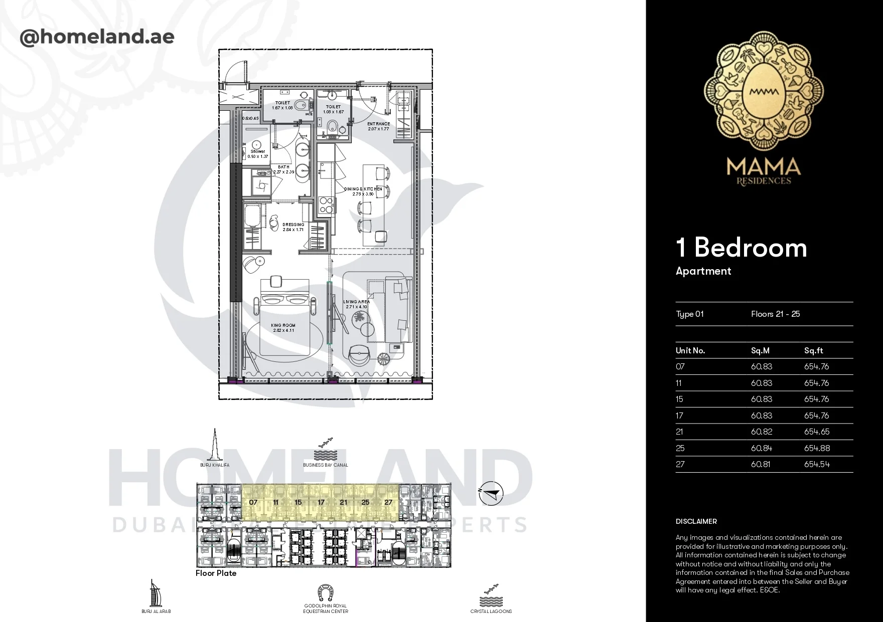 Mama Residences, 1BR, Type 01, Level 21-25, Unit 07-11-15-17-21-25-27, 654 SQFT