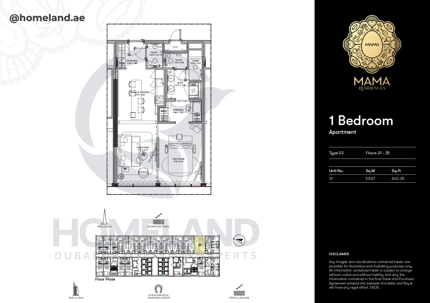 Mama Residences, 1BR, Type 02, Level 21-25, Unit 31, 642 SQFT