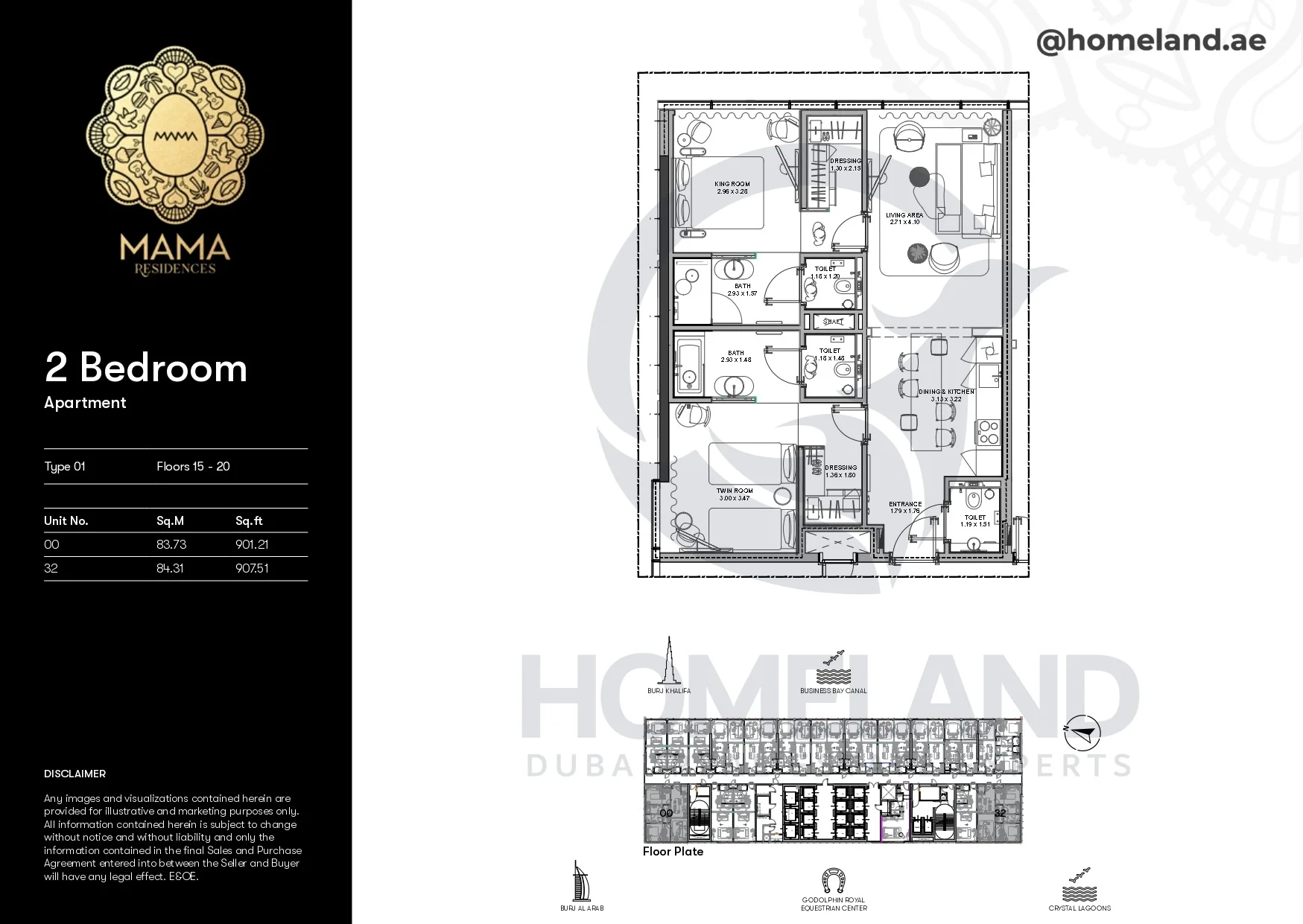 Mama Residences, 2BR, Type 01, Level 15-20, Unit 00-32, 907 SQFT