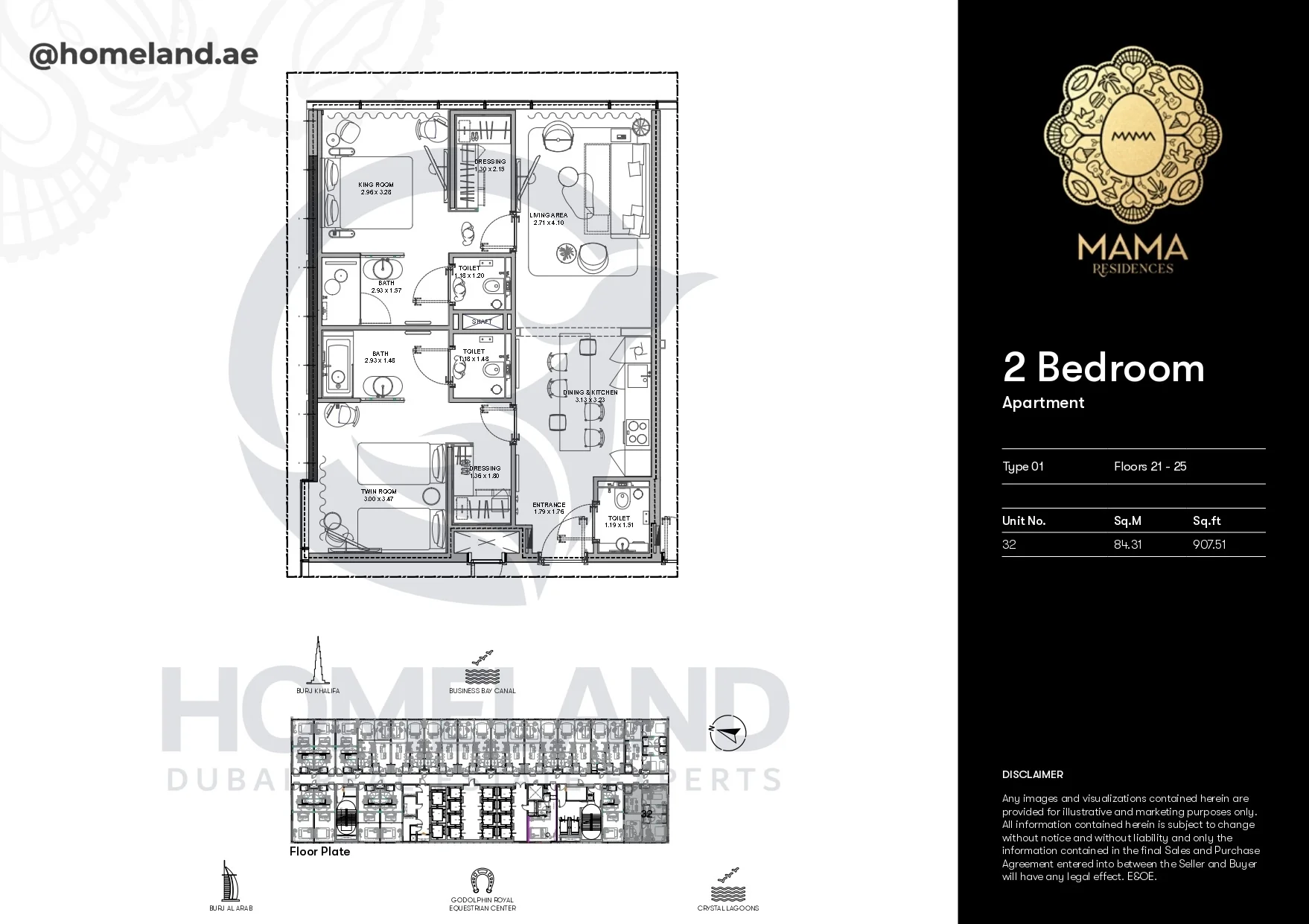 Mama Residences, 2BR, Type 01, Level 21-25, Unit 32, 907 SQFT