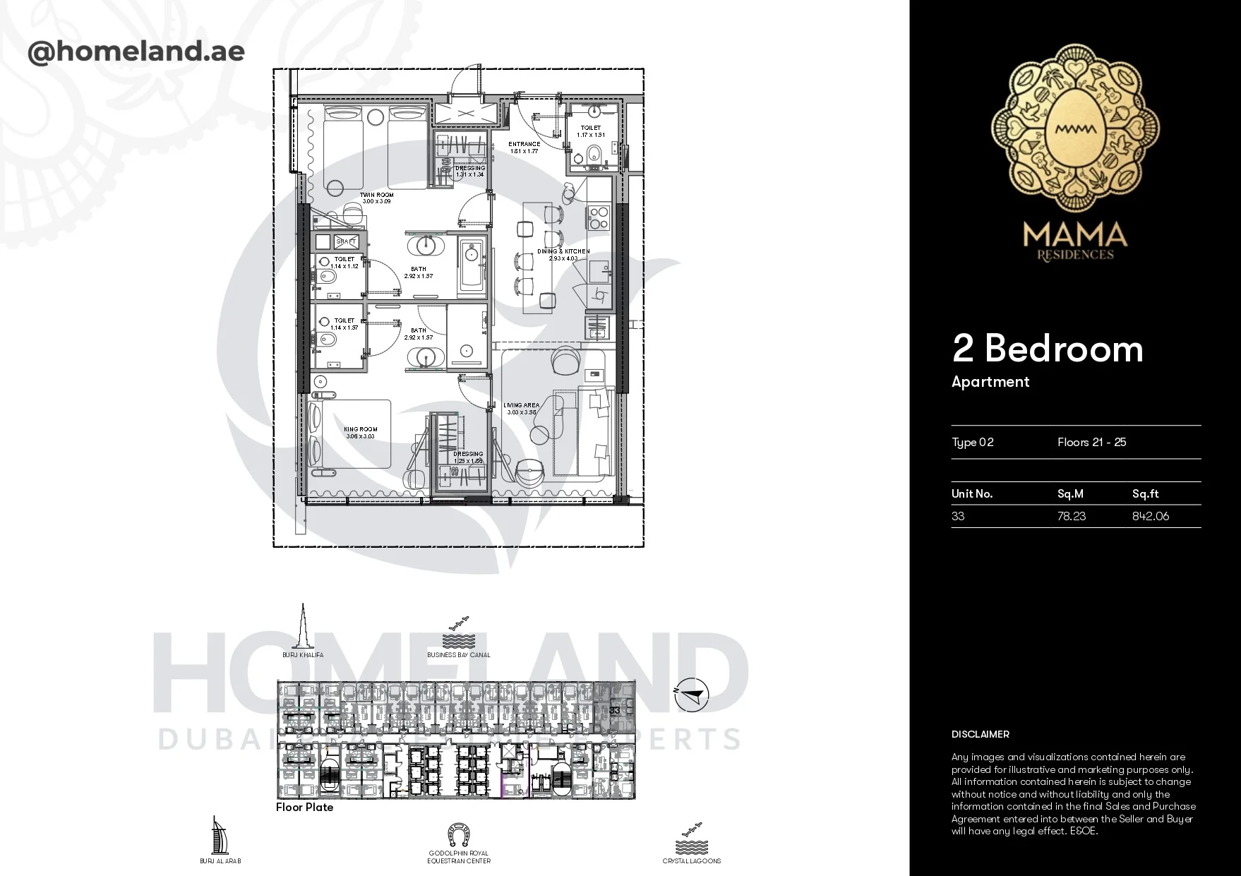 Mama Residences, 2BR, Type 02, Level 21-25, Unit 33, 842 SQFT