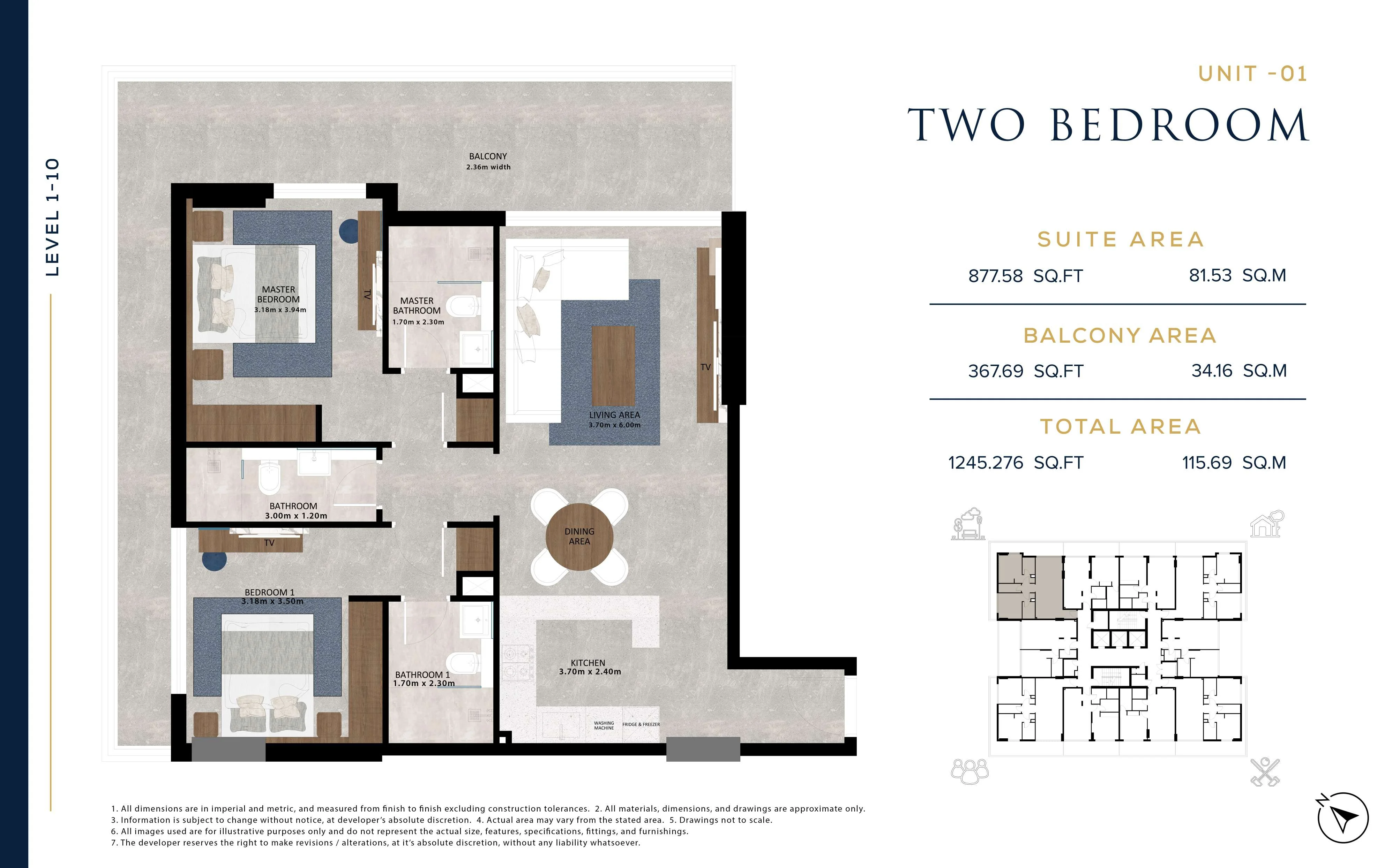 Aark Residences, 2BR, Unit 01, Level 1-10, 1245 SQFT