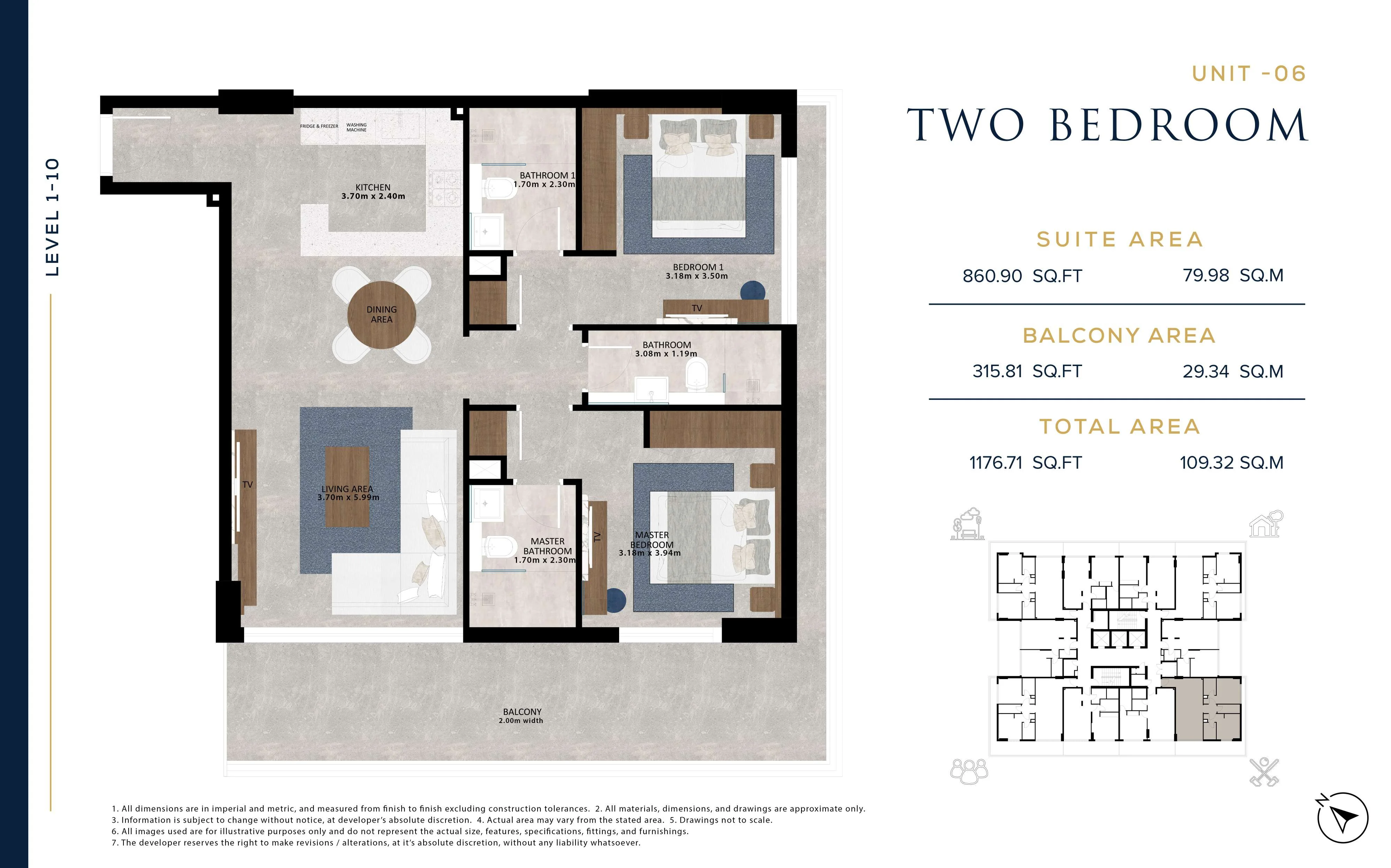 Aark Residences, 2BR, Unit 06, Level 1-10, 1176 SQFT