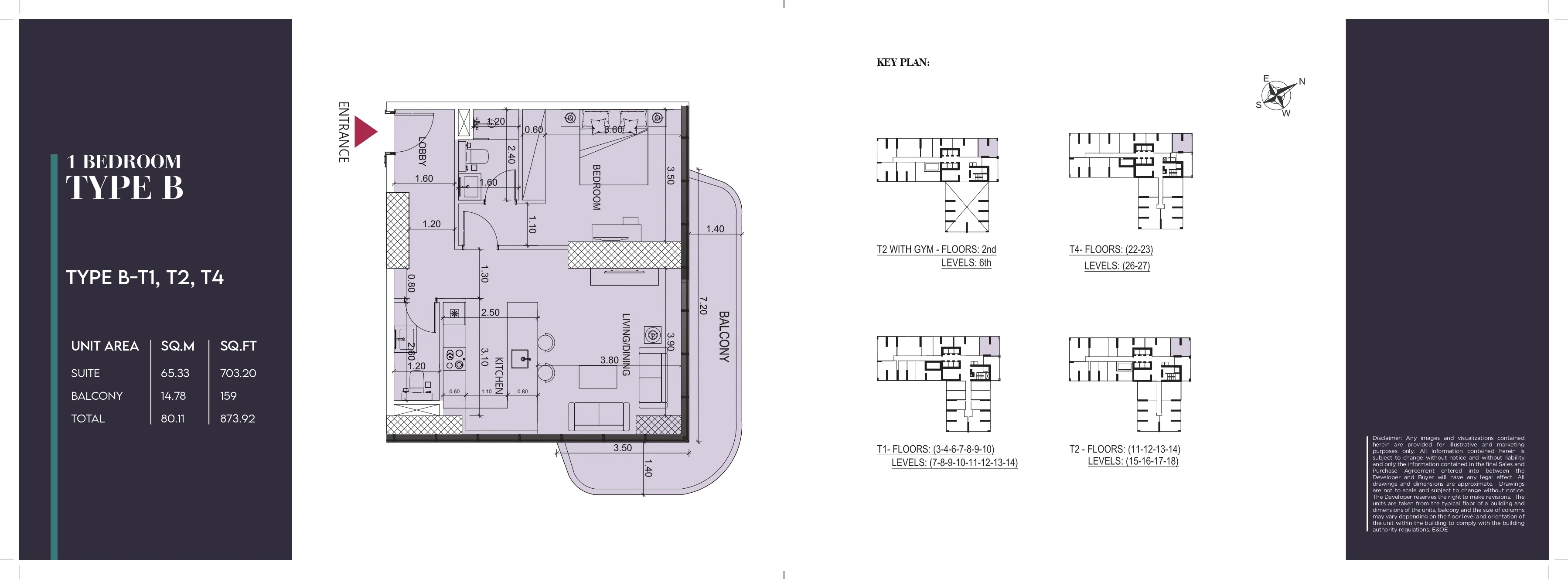 Society House, 1BR, Type B-T1 & T2 & T4, 873 SQFT