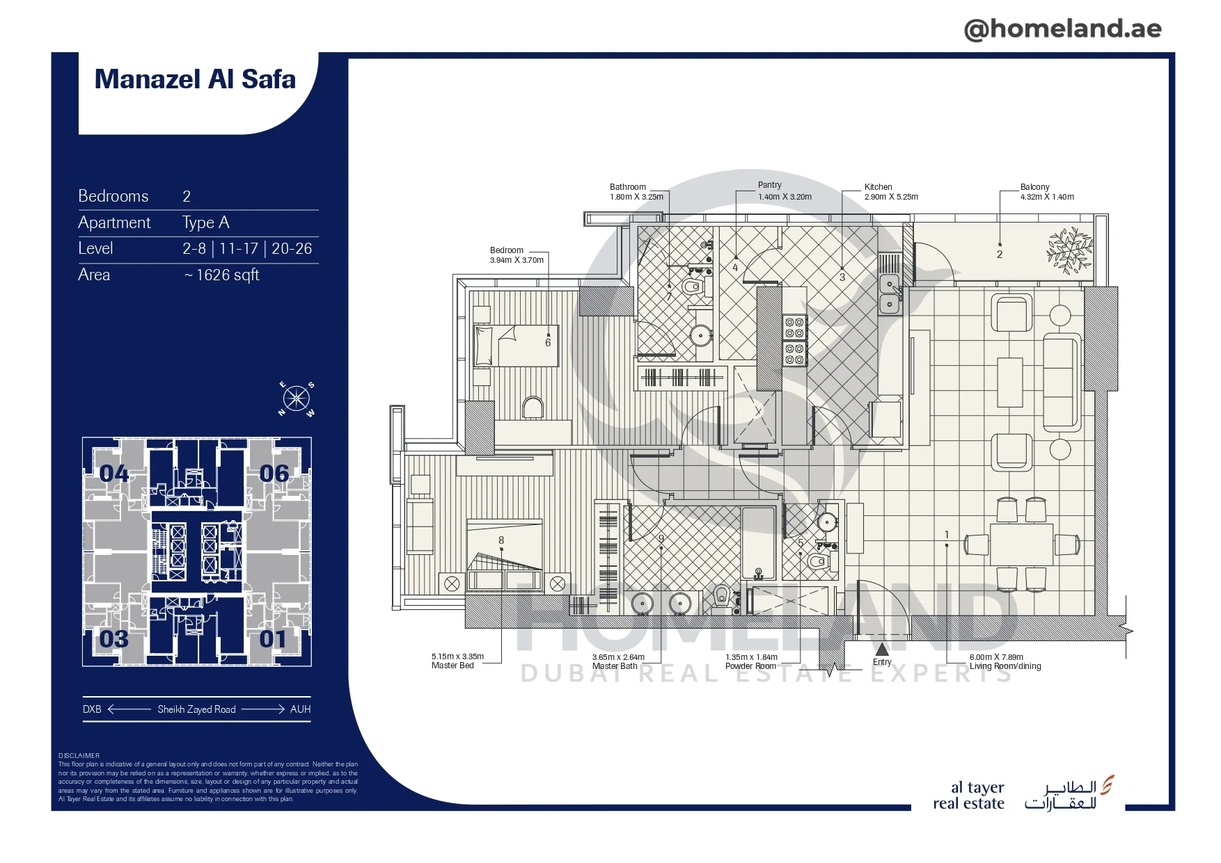 Manazel Al Safa, 2BR, Type A, Level 2 to 8-11 to 17-20 to 26, 1626 SQFT