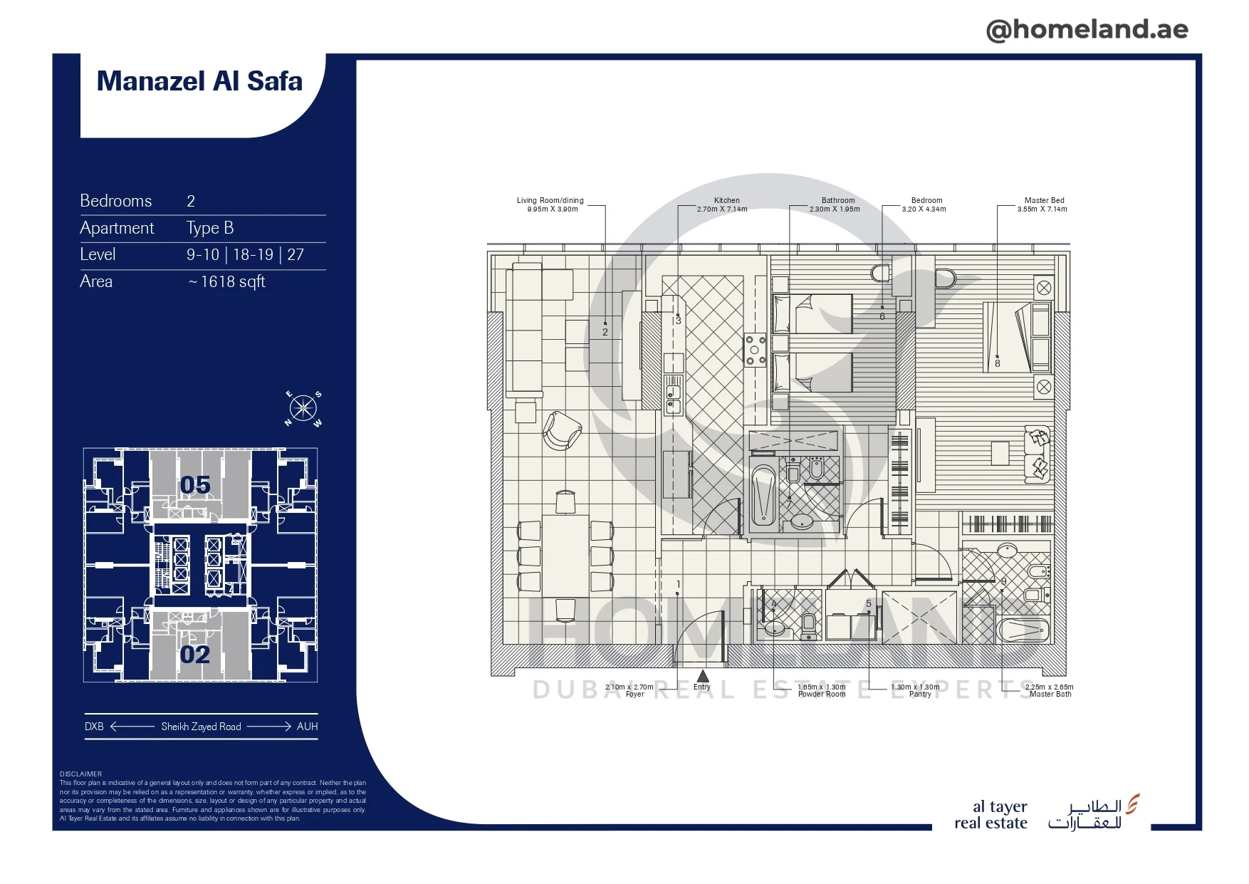 Manazel Al Safa, 2BR, Type B, Level 9-10-18-19-27, 1618 SQFT