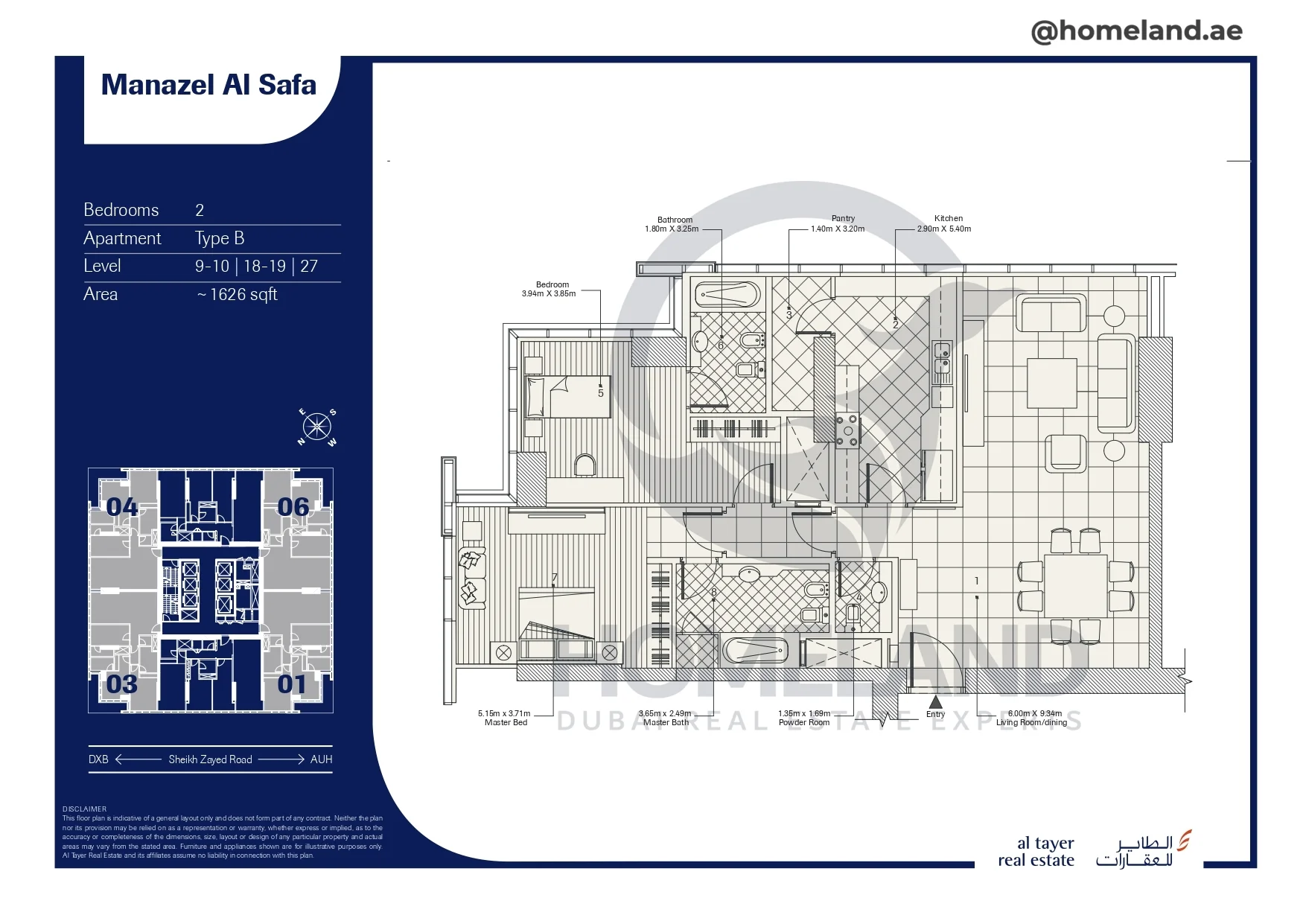 Manazel Al Safa, 2BR, Type B, Level 9-10-18-19-27, 1626 SQFT