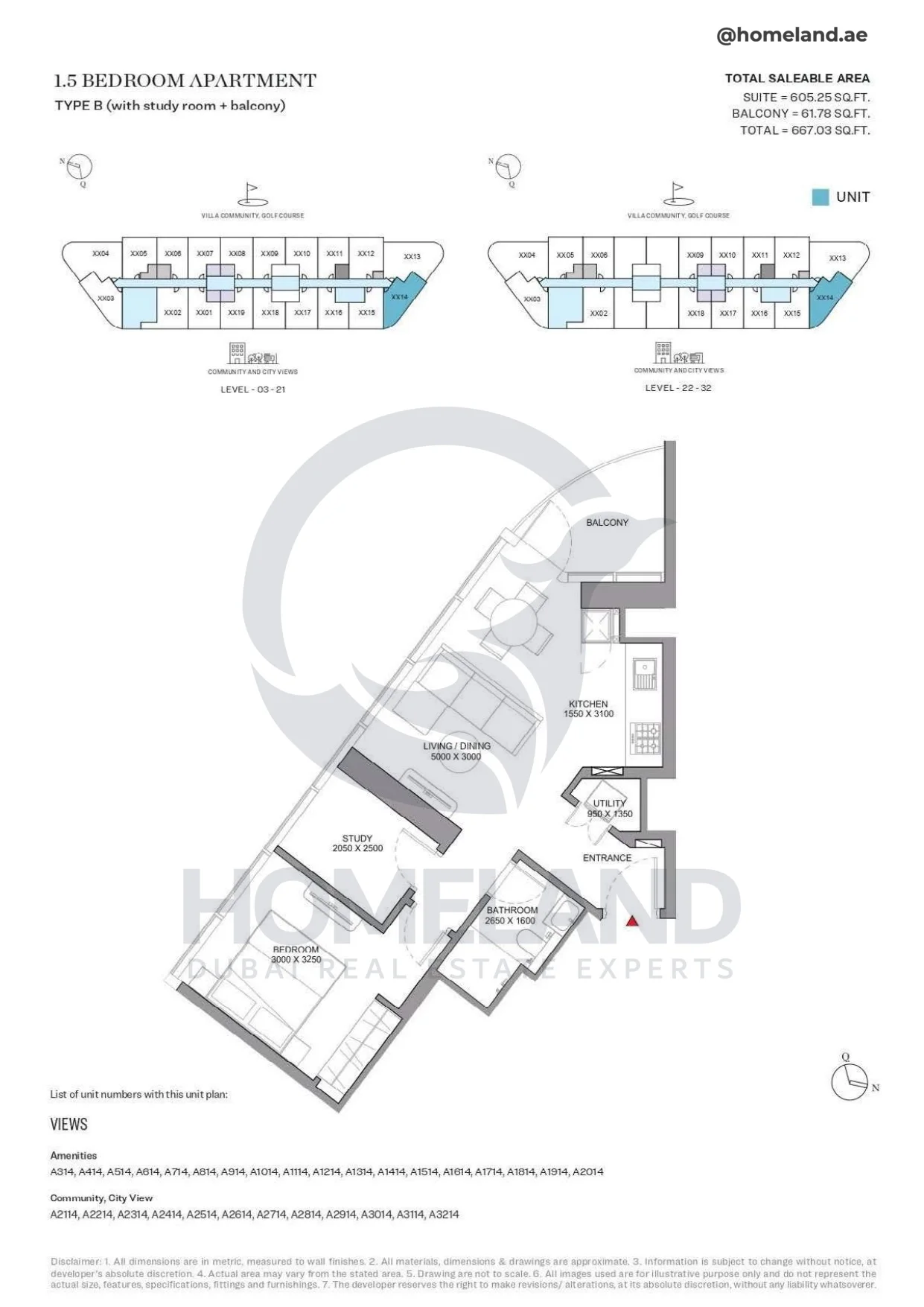 Sobha Orbis, 1.5BR, Type B (with study room+balcony), Level 03 to 32, Unit A314 to A3214, 667 SQFT