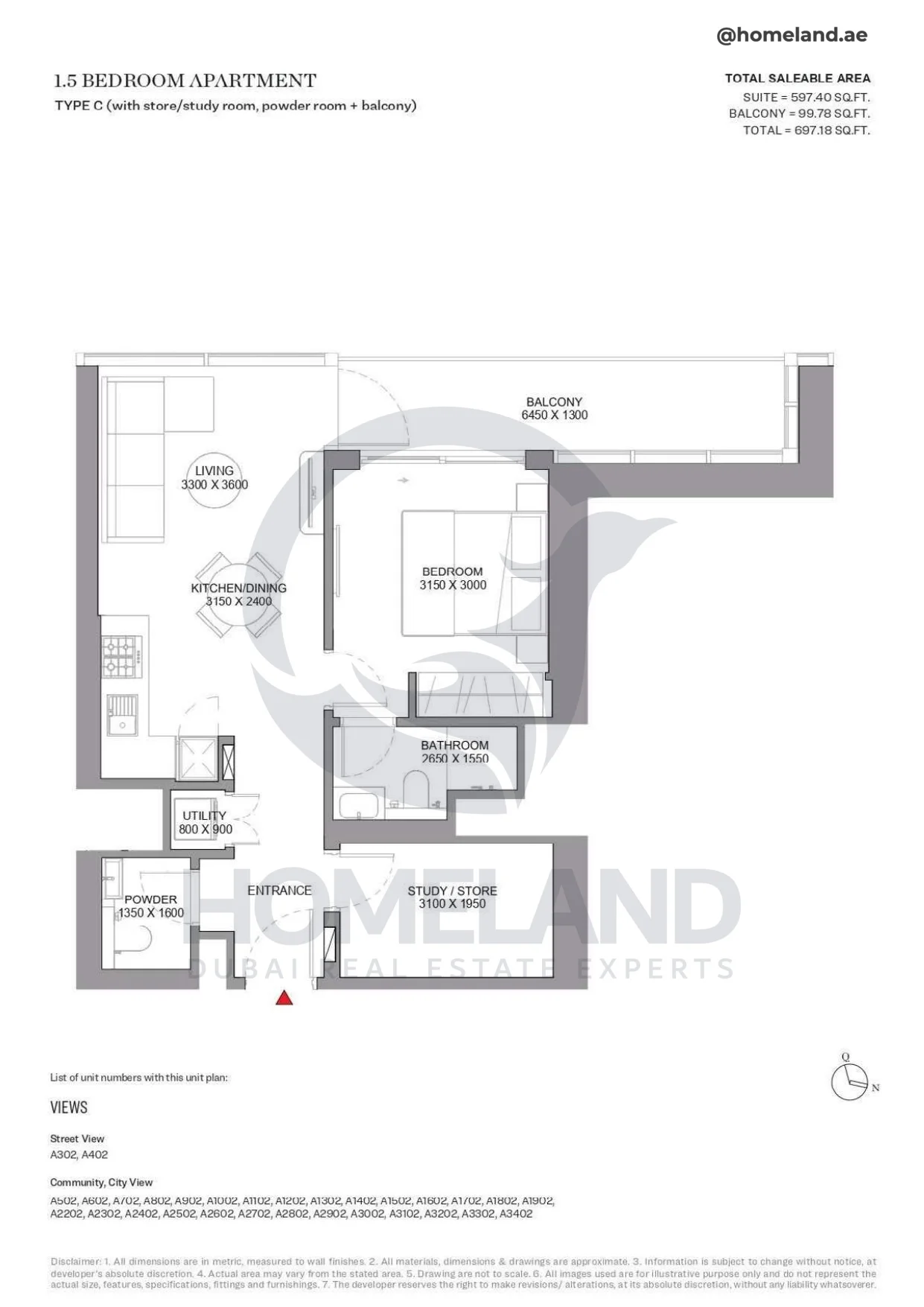 Sobha Orbis, 1.5BR, Type C (with store-study-powder room+balcony), Unit A302 to A3402, 697 SQFT
