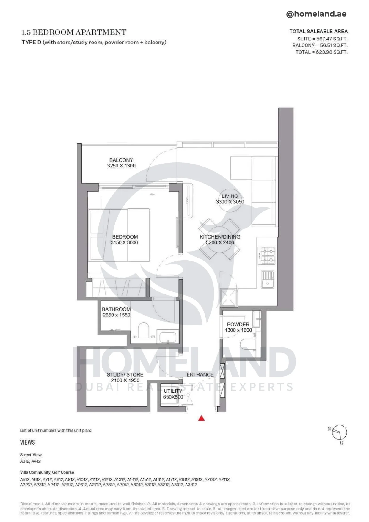 Sobha Orbis, 1.5BR, Type D (with store-study-powder room+balcony), Unit A312 to A3412, 623 SQFT