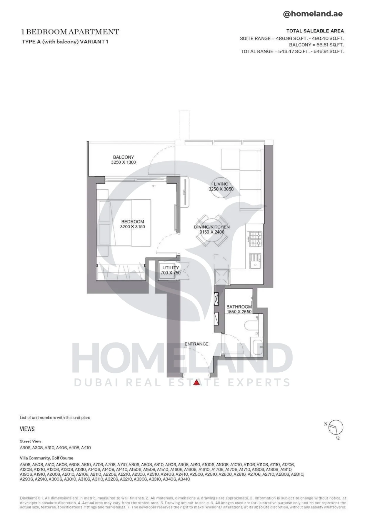 Sobha Orbis, 1BR, Type A (with balcony) Variant 1, Unit A306 to A3410, 546 SQFT