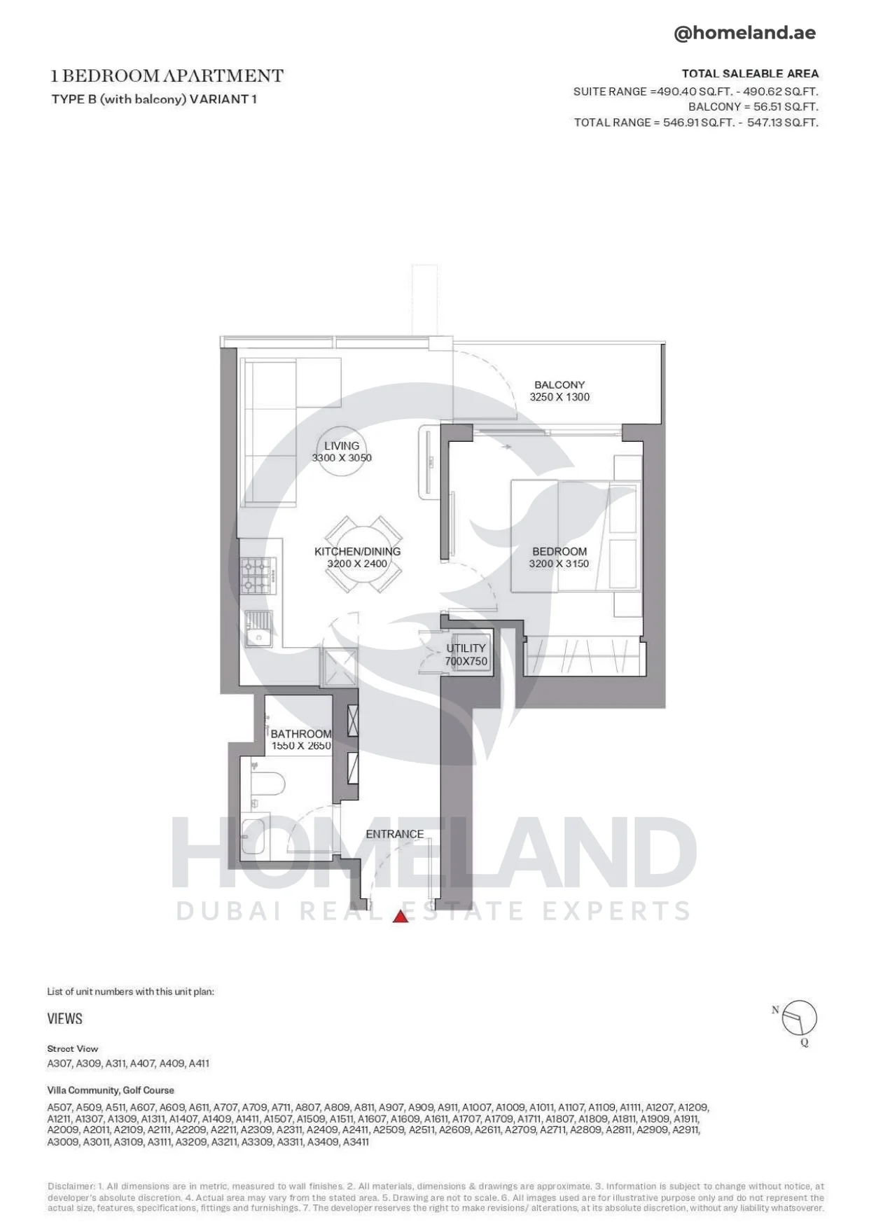Sobha Orbis, 1BR, Type B (with balcony) Variant 1, Unit A307 to A3411, 547 SQFT