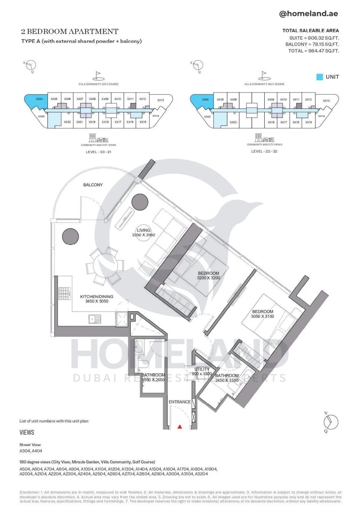 Sobha Orbis, 2BR, Type A (with external shared powder room+balcony), Level 03 to 32, Unit A304 to A3204, 984 SQFT