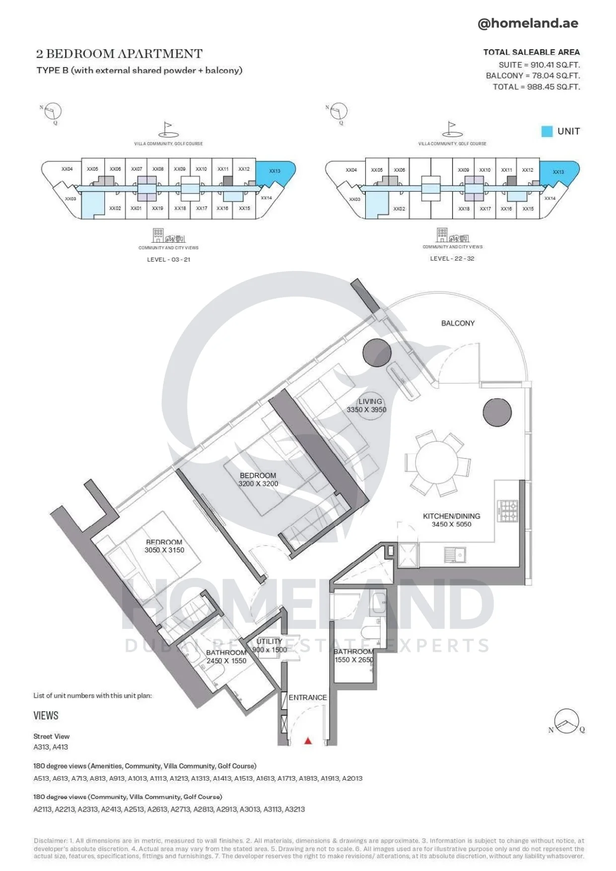 Sobha Orbis, 2BR, Type B (with external shared powder room+balcony), Level 03 to 32, Unit A313 to A3213, 988 SQFT