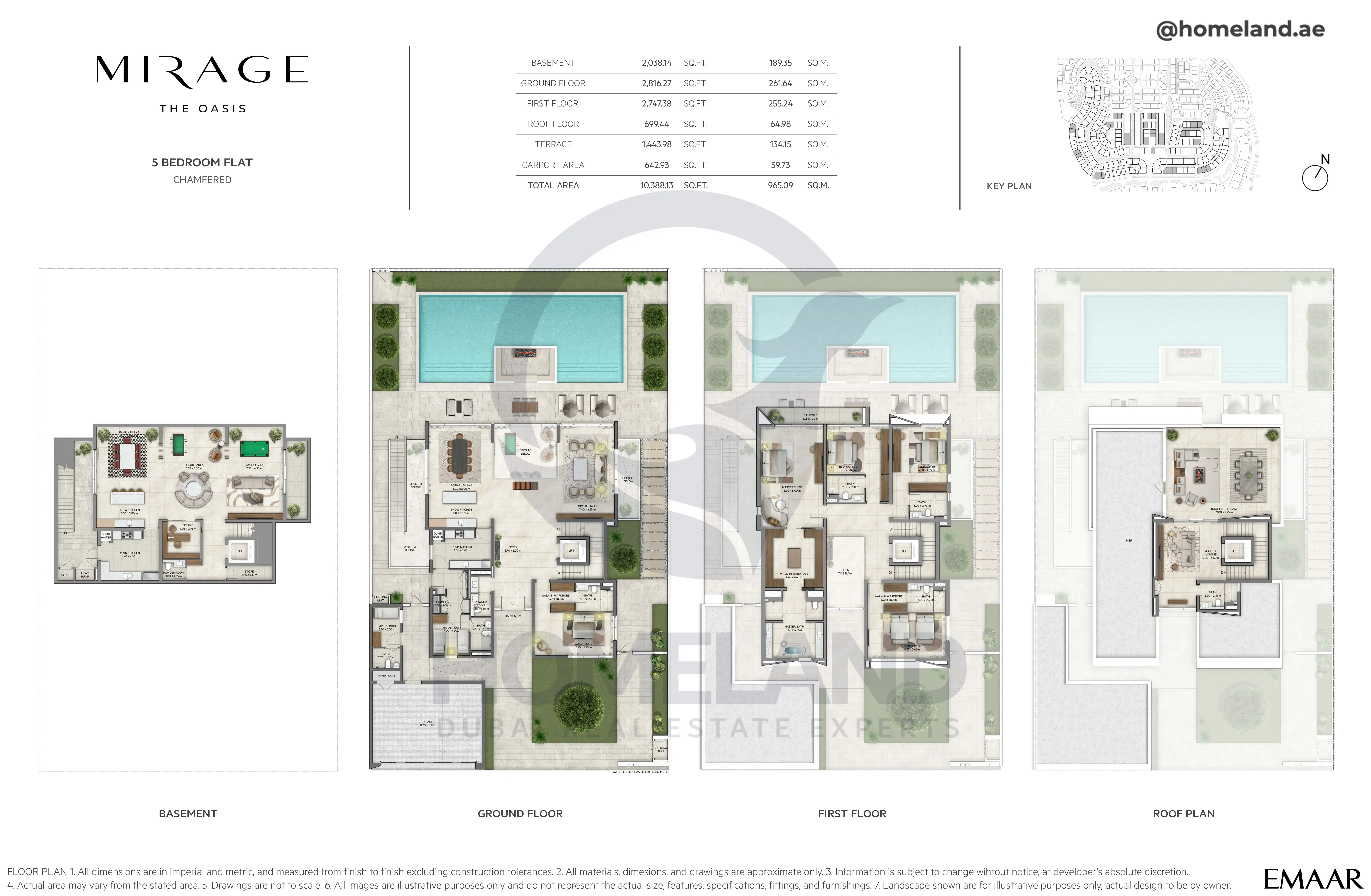 Mirage, 5BR Flat, Chamfered, Basement-Ground-First-Roof Floor, 10388 SQFT