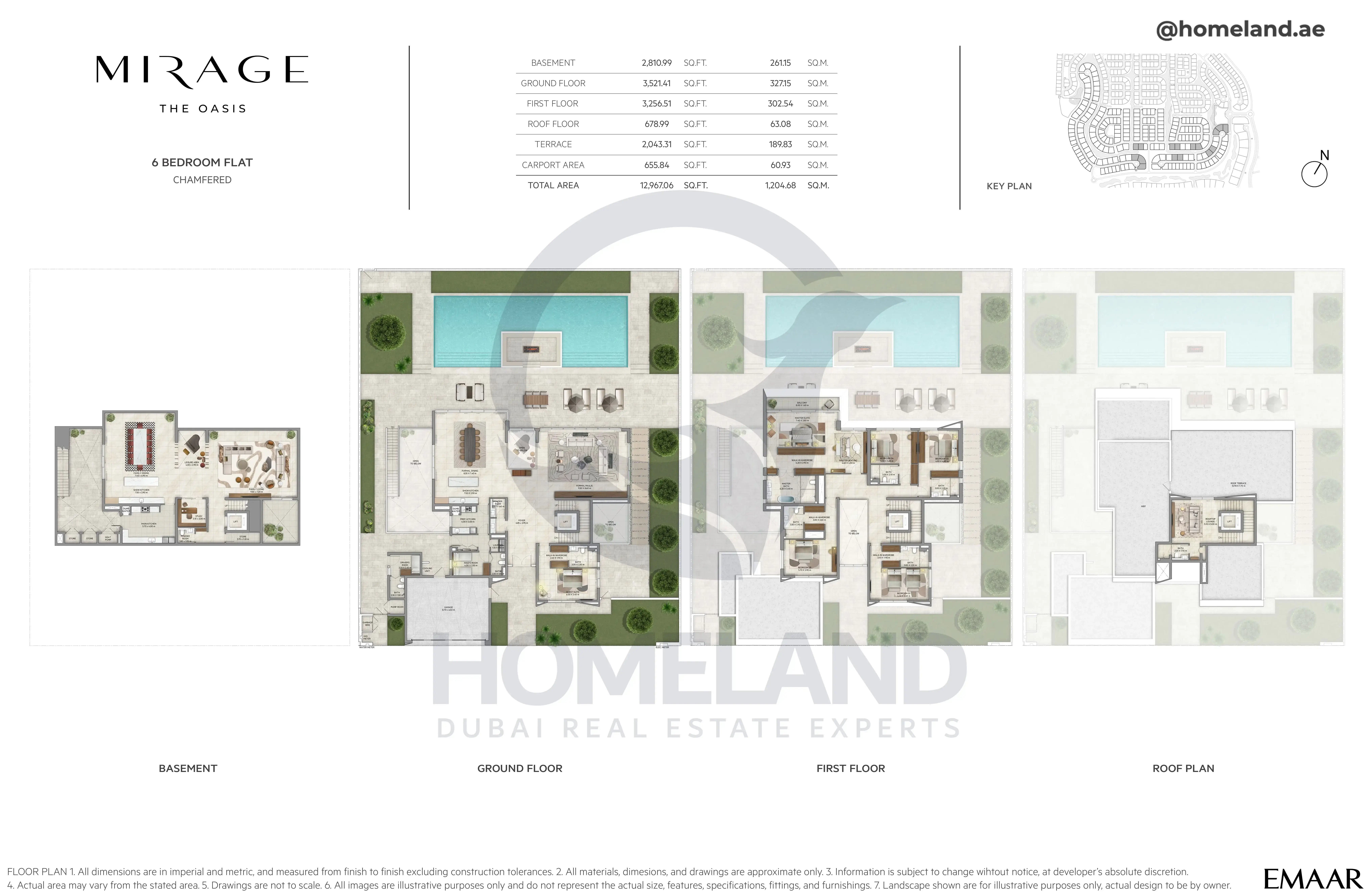 Mirage, 6BR Flat, Chamfered, Basement-Ground-First-Roof Floor, 12967 SQFT