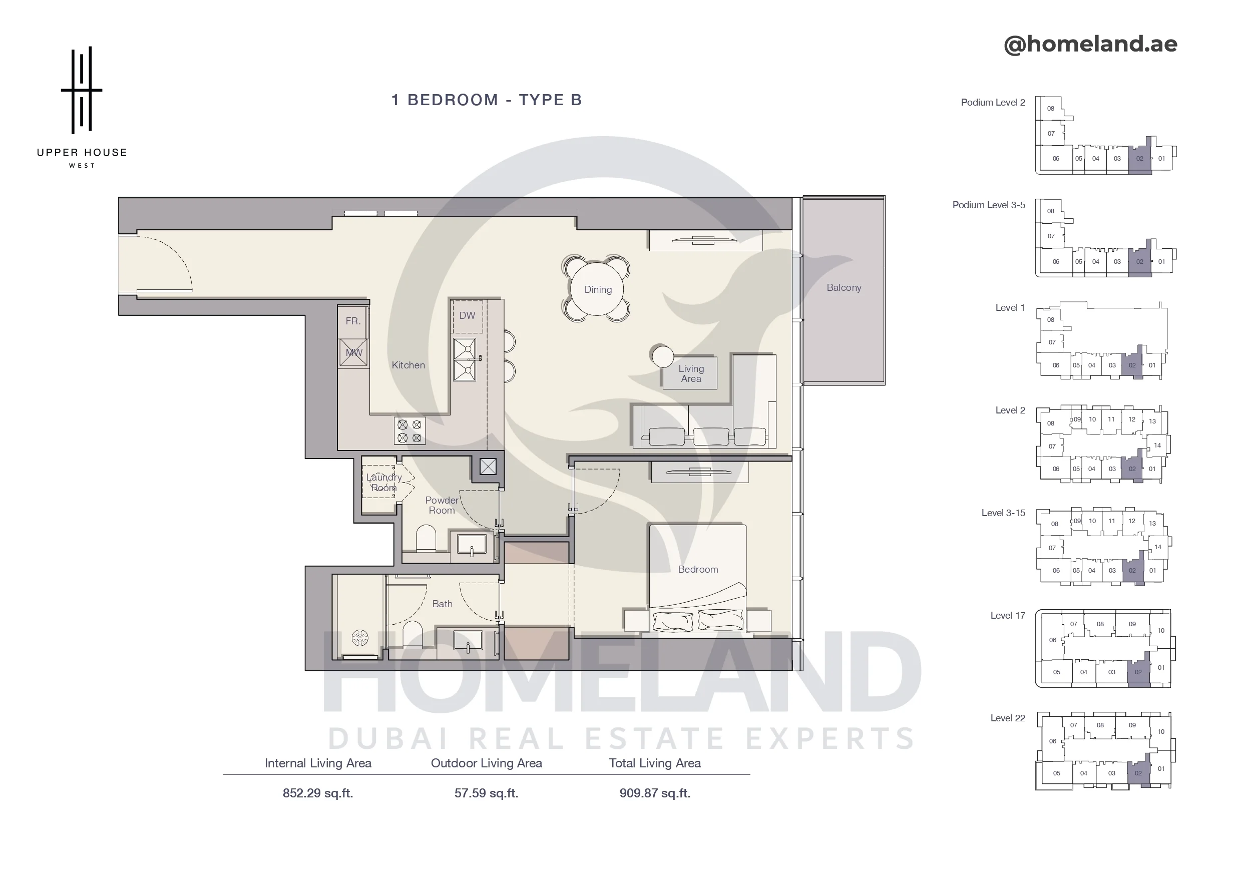 Upper House, 1BR, Type B, Level Podium 2 to Podium 5 - 1 to 15 - 17 - 22, 909 SQFT