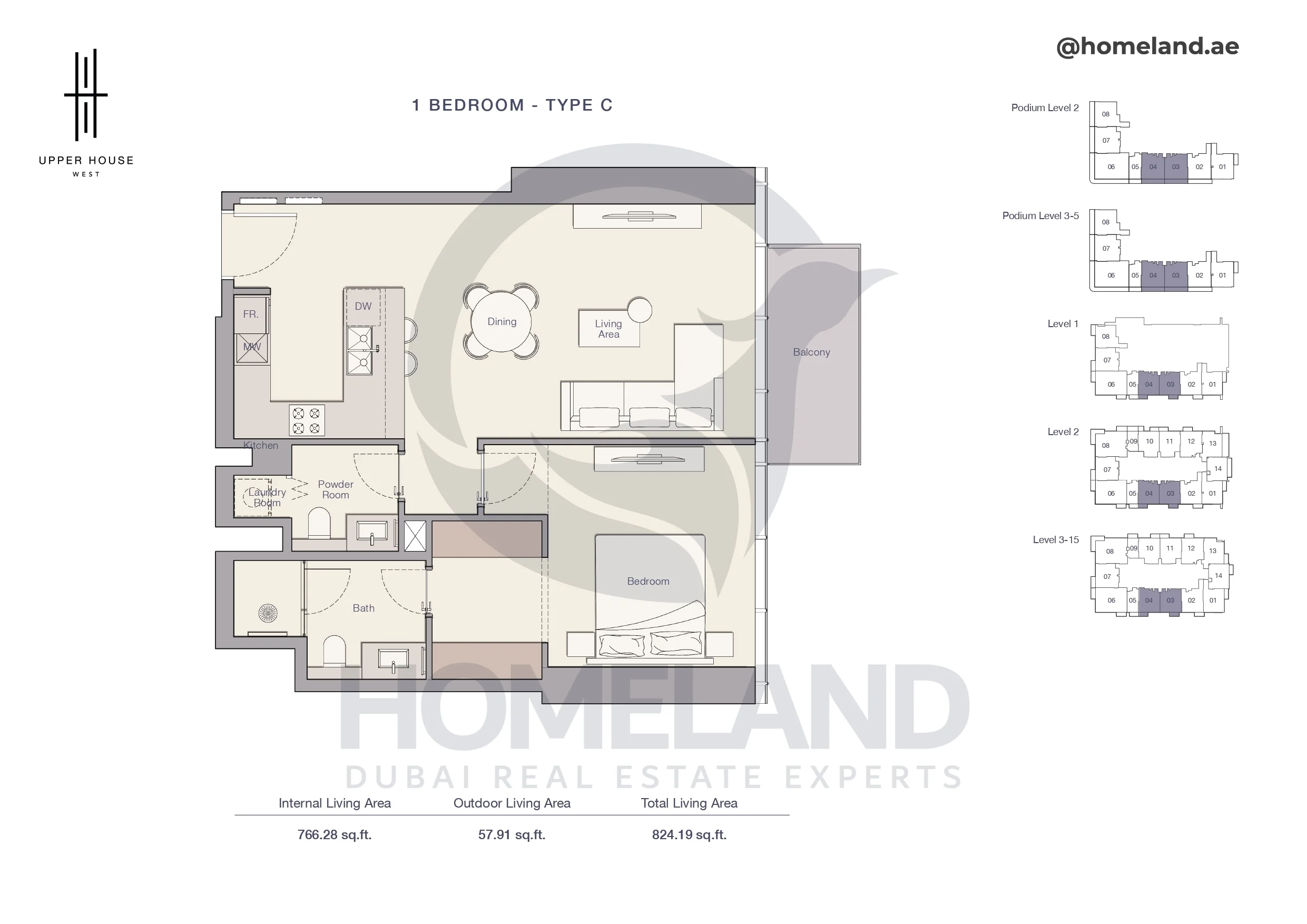 Upper House, 1BR, Type C, Level Podium 2 to Podium 5 - 1 to 15, 824 SQFT