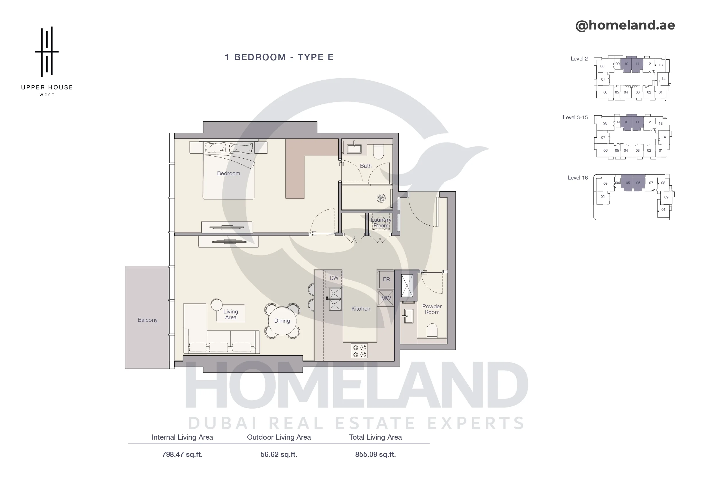 Upper House, 1BR, Type E, Level 2 to 16, 855 SQFT