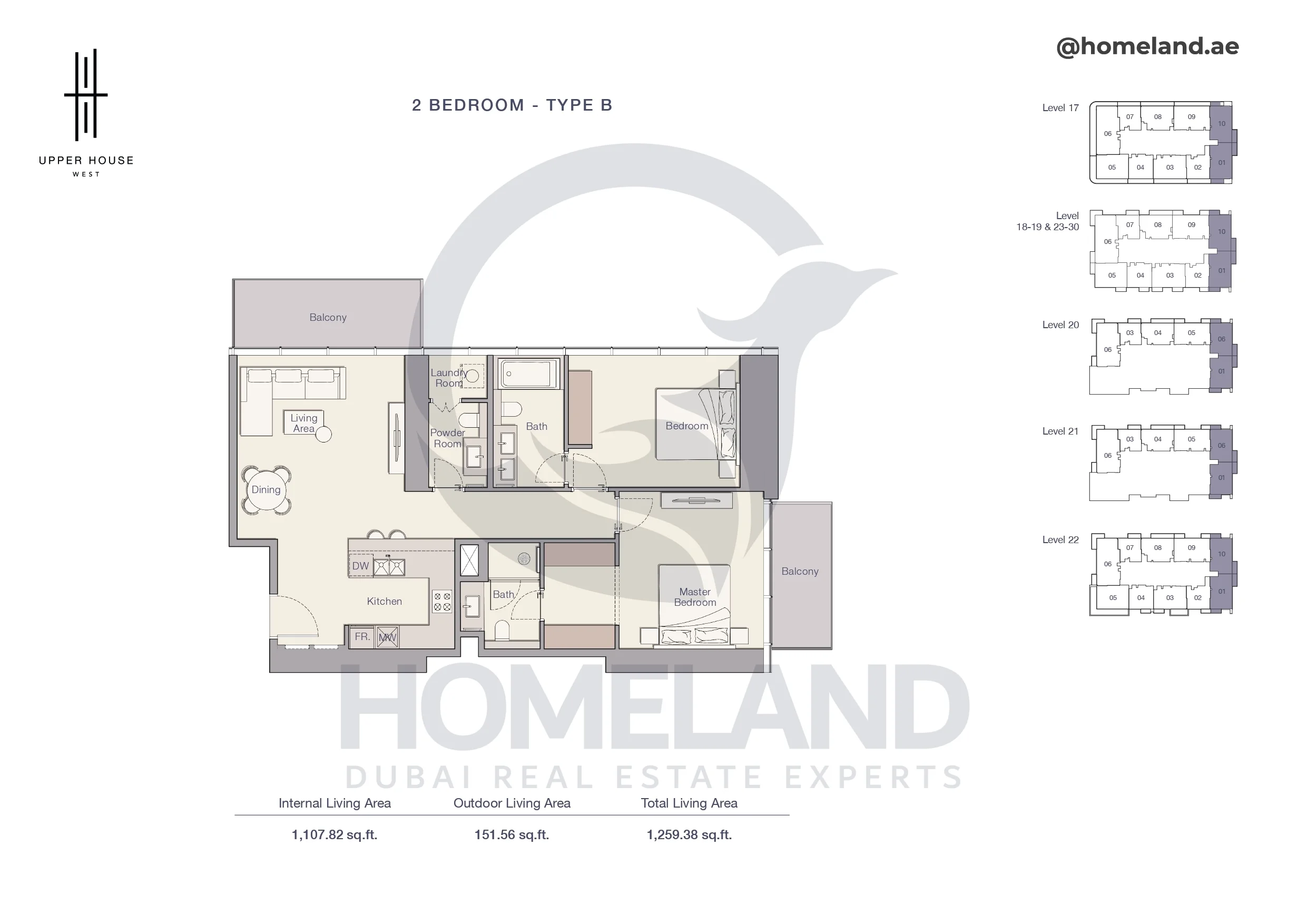 Upper House, 2BR, Type B, Level 17 to 30, 1259 SQFT