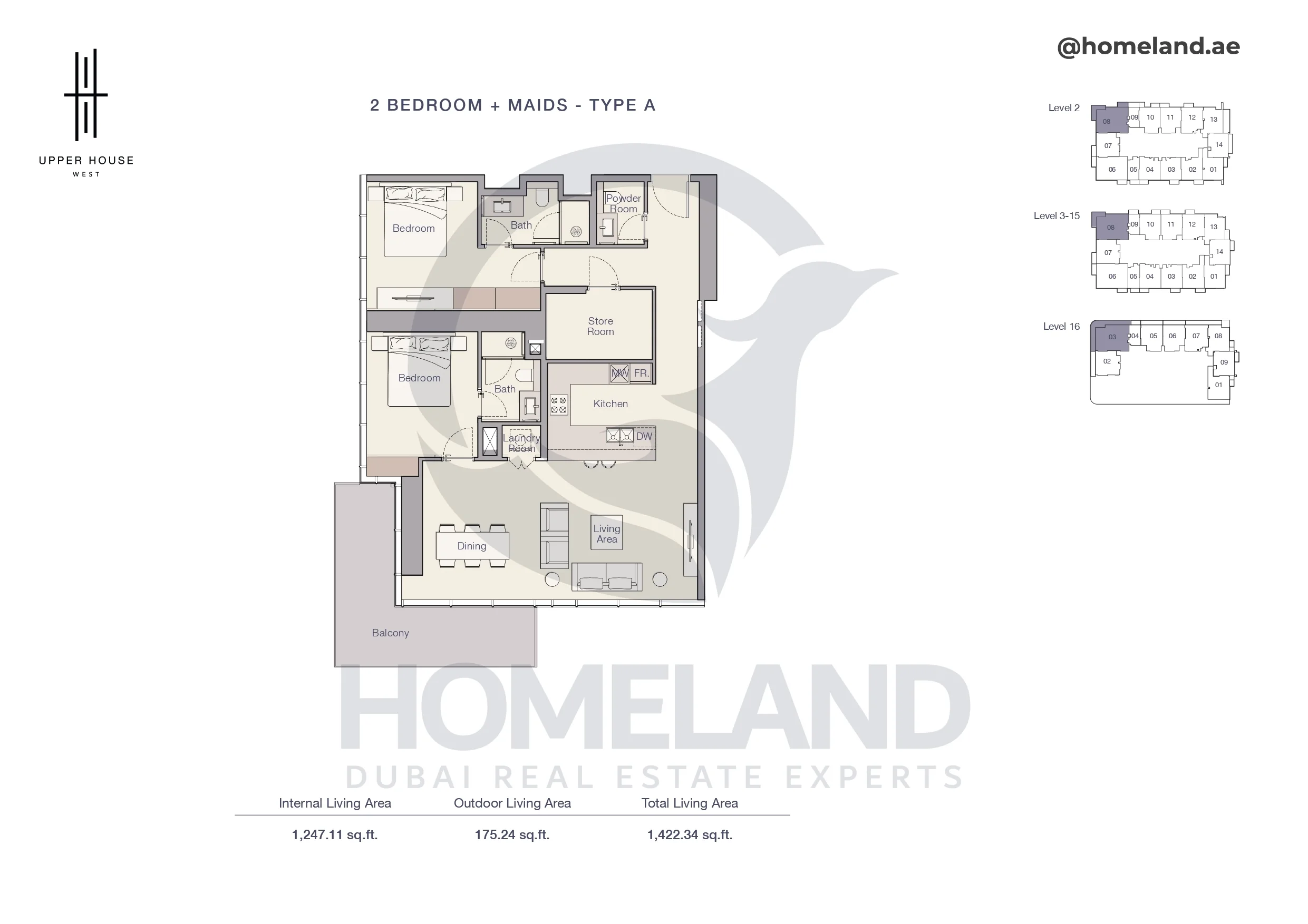 Upper House, 2BR+Maid, Type A, Level 2 to 16, 1422 SQFT