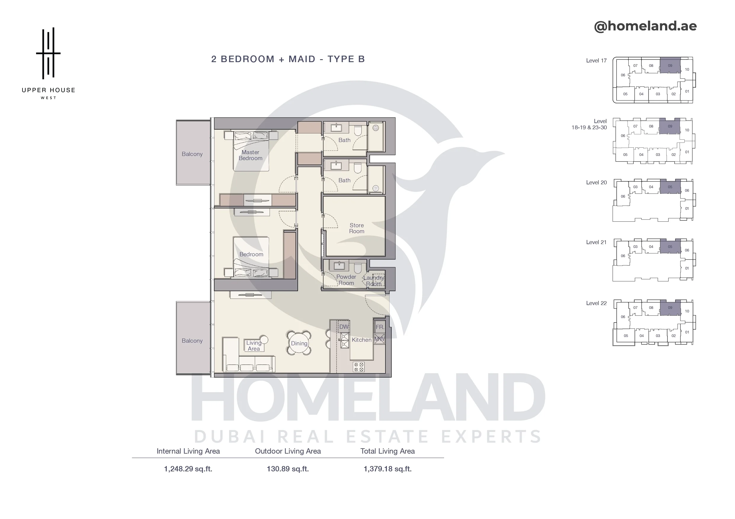 Upper House, 2BR+Maid, Type B, Level 17 to 30, 1379 SQFT