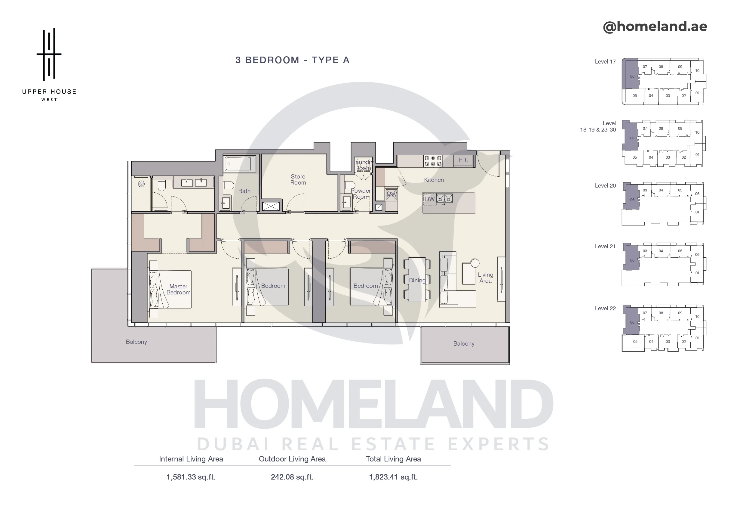 Upper House, 3BR, Type A, Level 17 to 30, 1823 SQFT