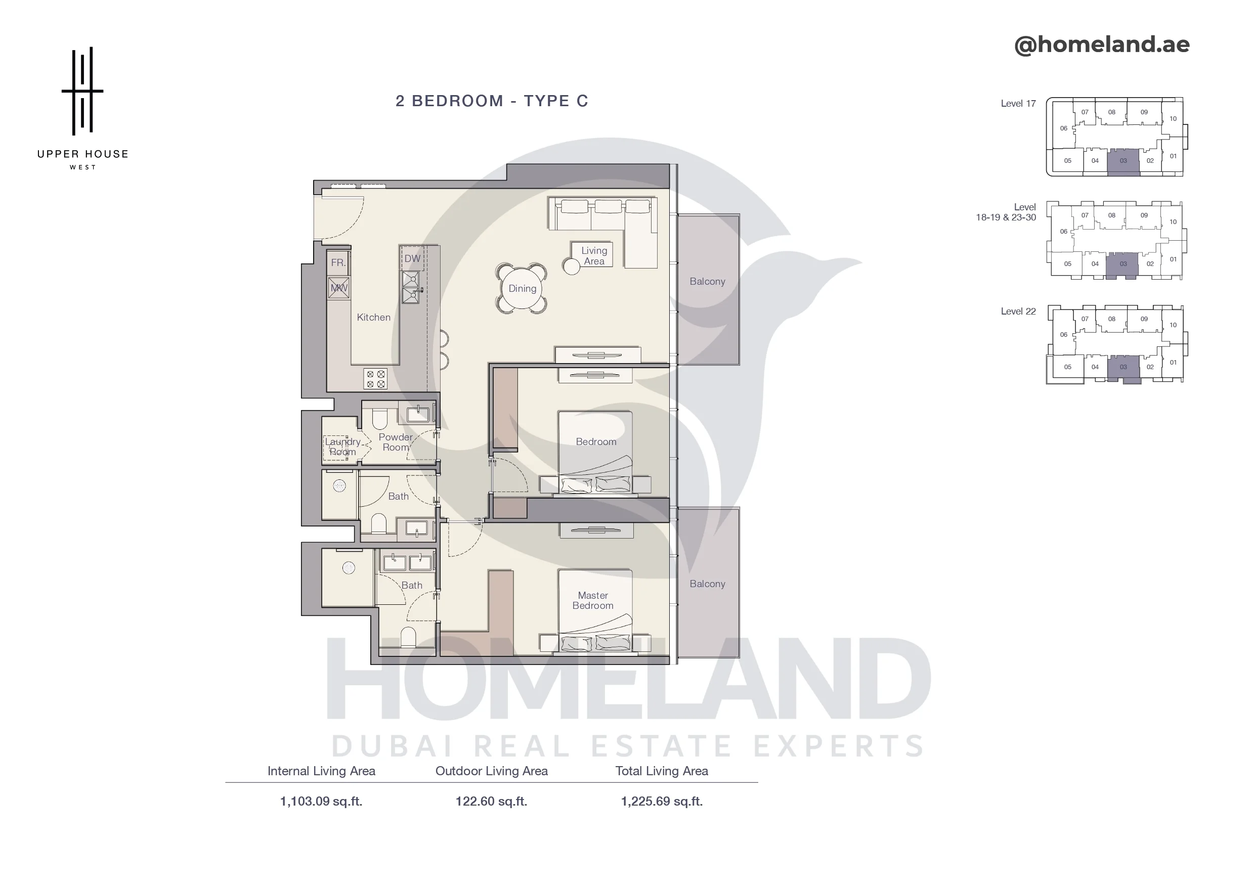 Upper House, 2BR, Type C, Level 17 to 19 - 22 to 30, 1225 SQFT