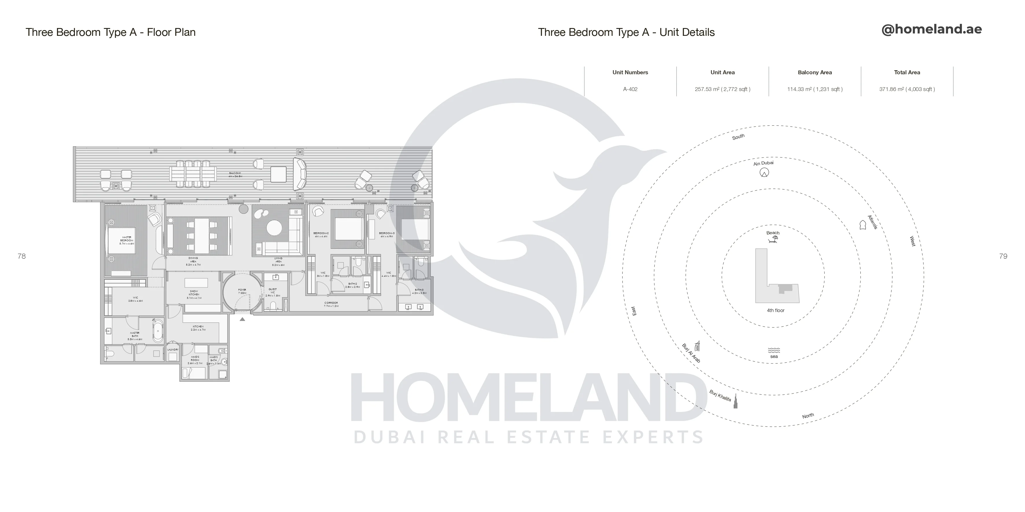 Armani Beach Residence, 3BR, Type A, Unit A-402, Level 4, 4003 SQFT