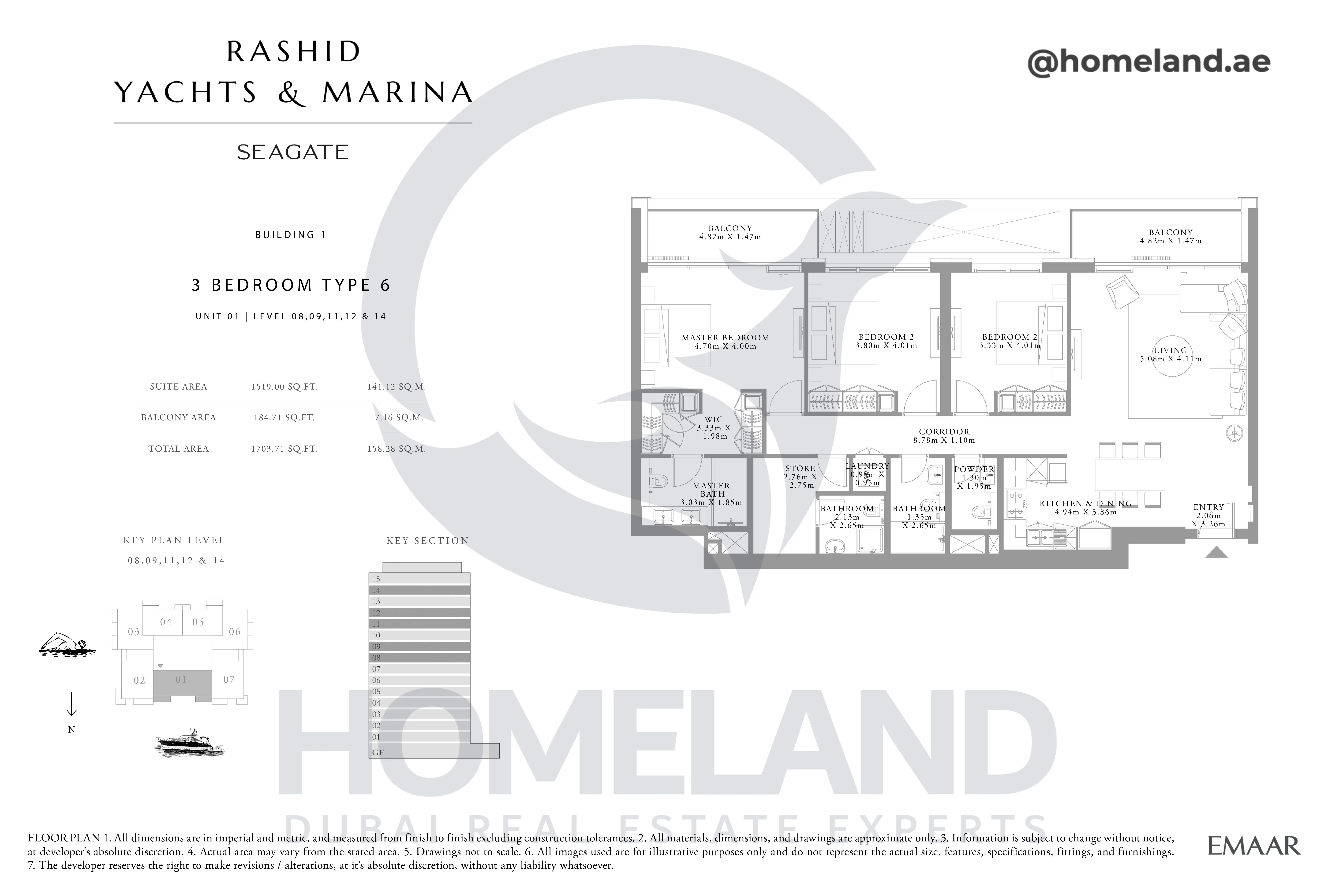 Seagate, Building 1, 3BR, Type 6, Unit 01, Level 08-09-11-12-14, 1703 SQFT
