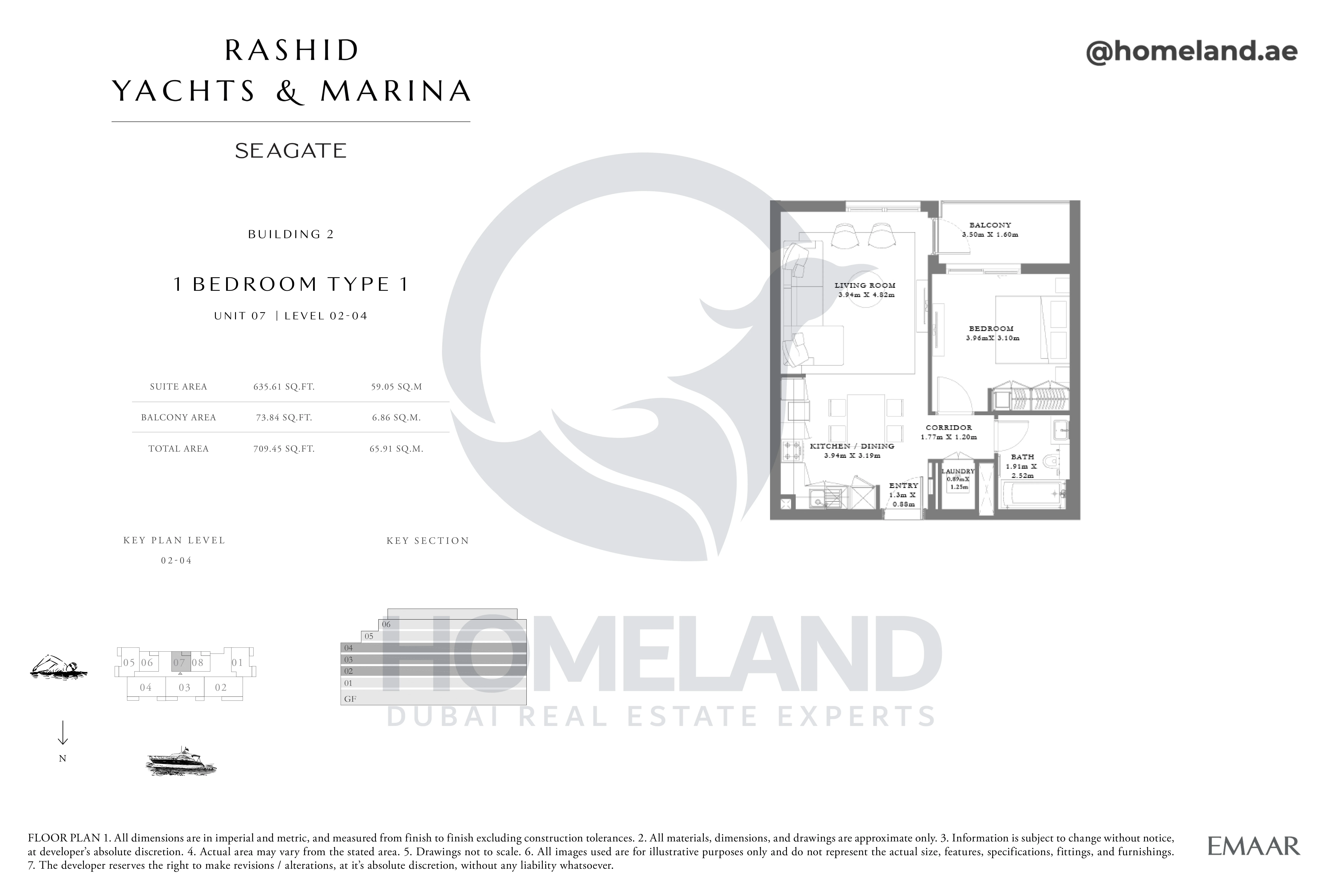 Seagate, Building 2, 1BR, Type 1, Unit 07, Level 02 to 04, 709 SQFT