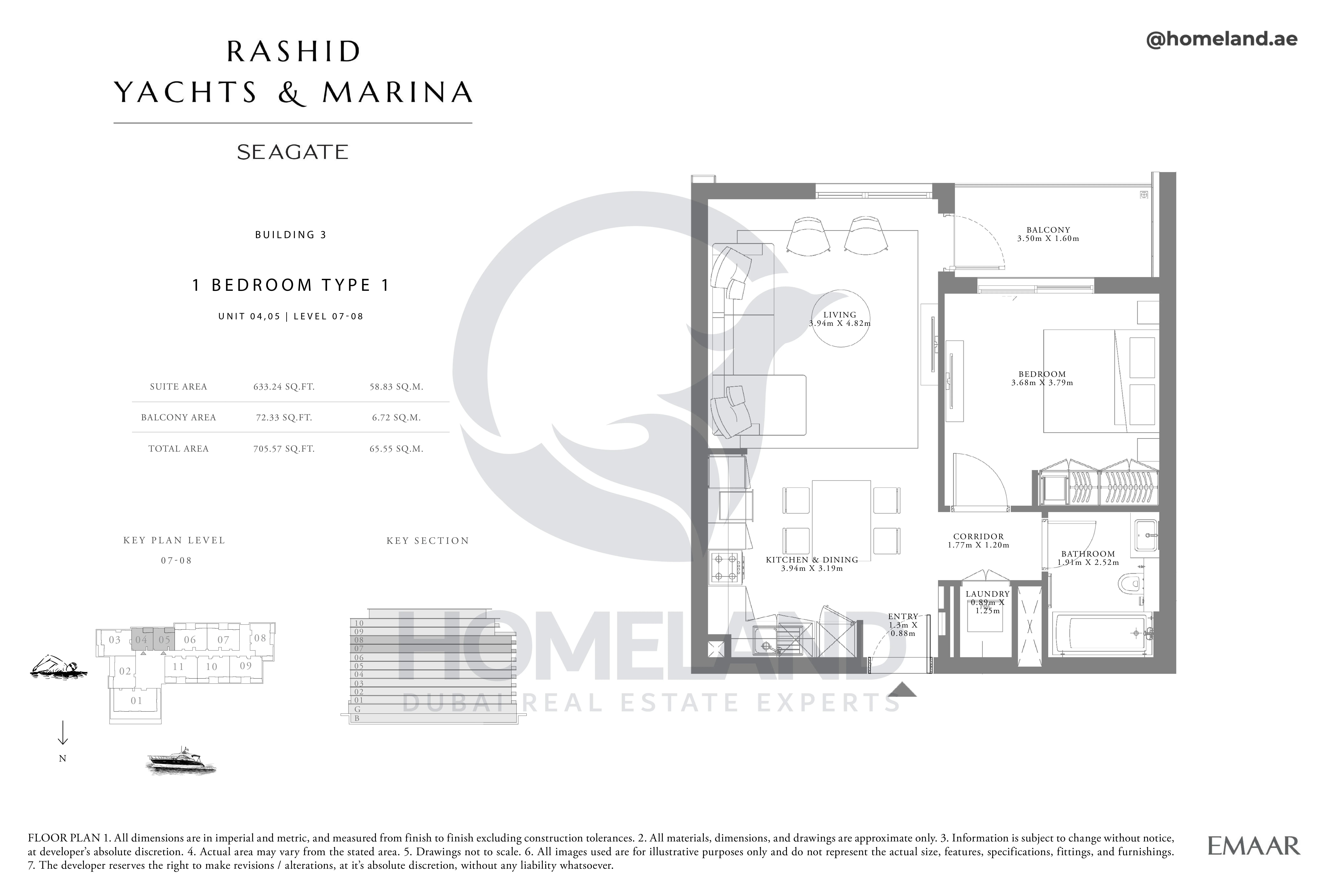 Seagate, Building 3, 1BR, Type 1, Unit 04-05, Level 07 to 08, 705 SQFT